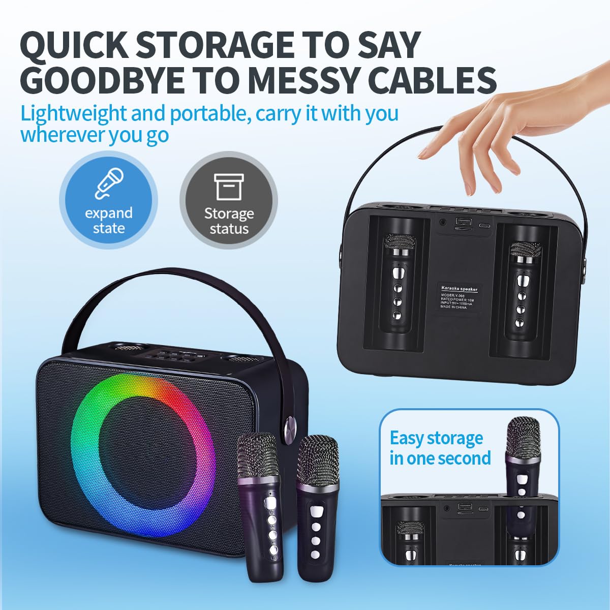 RGB Tragbarer Karaoke-Lautsprecher mit dualen drahtlosen Mikrofonen, USB/TF-Karte kompatibel, 10 W HD-Sound, tragbarer Tragegriff, großer Akku für Familientreffen/Karaoke/Outdoor-Aktivitäten (Schwarz)
