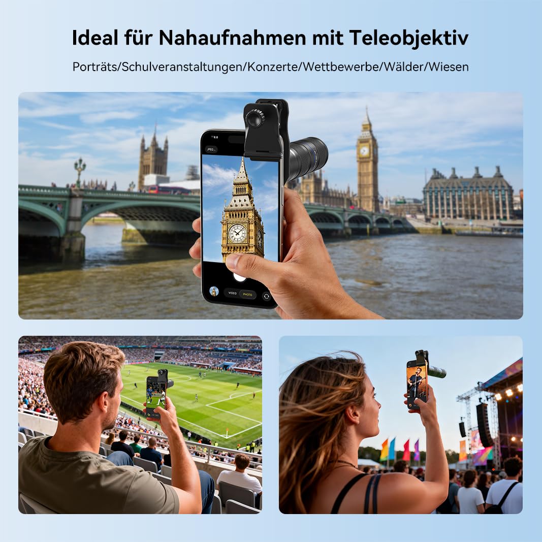 APEXEL Kompaktes 5x-10x Zoom-Teleobjektiv für Mobiltelefone mit Universalclip, Mehrfach Vergütetes Teleobjektiv, Geeignet für iPhone 17/16/15..., Samsung, Pixel und andere Smartphones,Schwarz