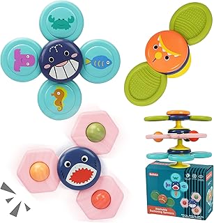 Suction Cup Spinner, 3PCS Cartoon Baby Bath Toys for 3 Year Old Boys Girls Early Learner Toy with Rotating, Rattle & Teether Dimple Fidget Spinners Gift for Months Toddler Toys