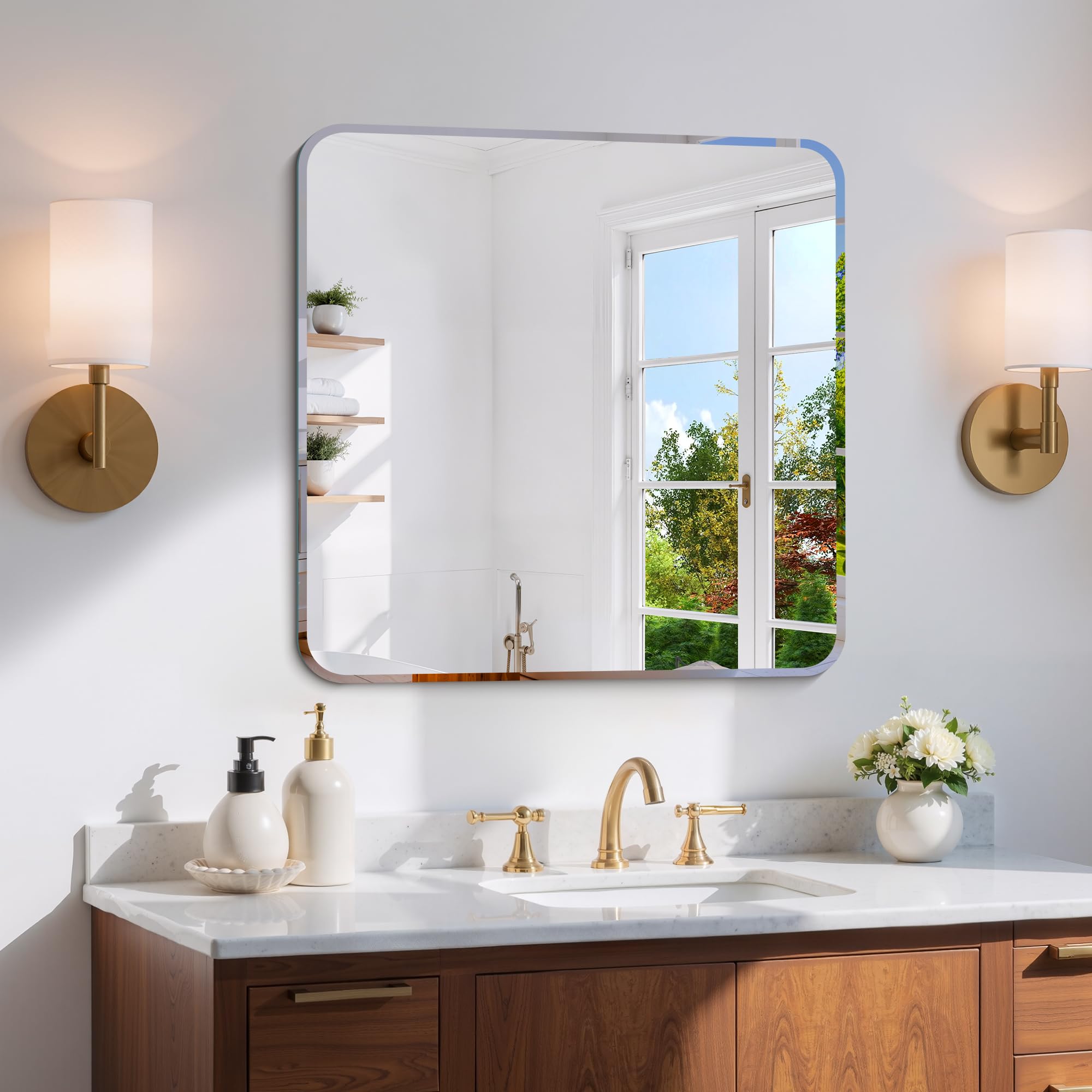 CILIBER Beveled Mirror, 24x24 Square Bathroom Mirror Rounded Corner, 3mm Tempered Glass, 18 inch Frameless Vanity Mirror with Beveled Edge for Bathroom, Bedroom, Living Room and Entryway