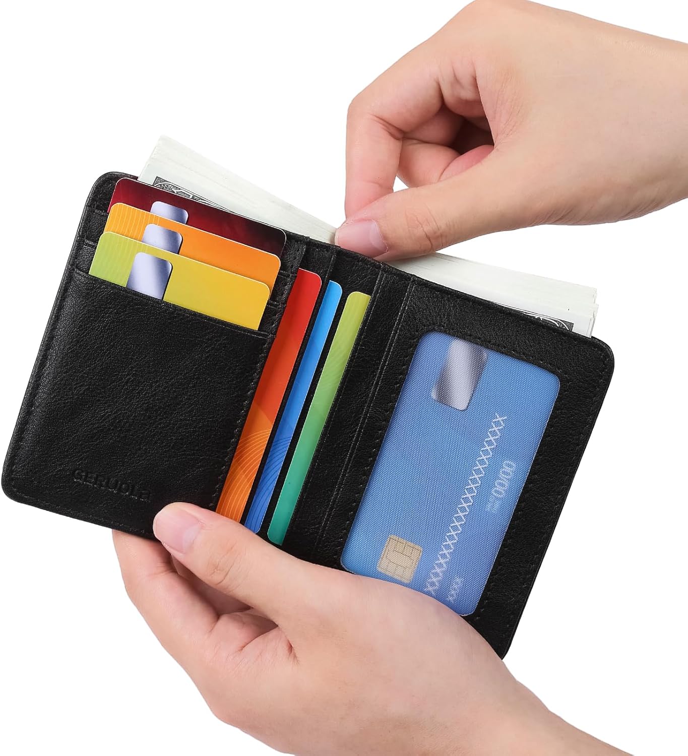 Bifold Slim Men Wallet Genuine Leather Thin, Small Vertical RFID Blocking Wallets for Men ，Compact & Stylish with Clear ID Windows (Black) - Image 6