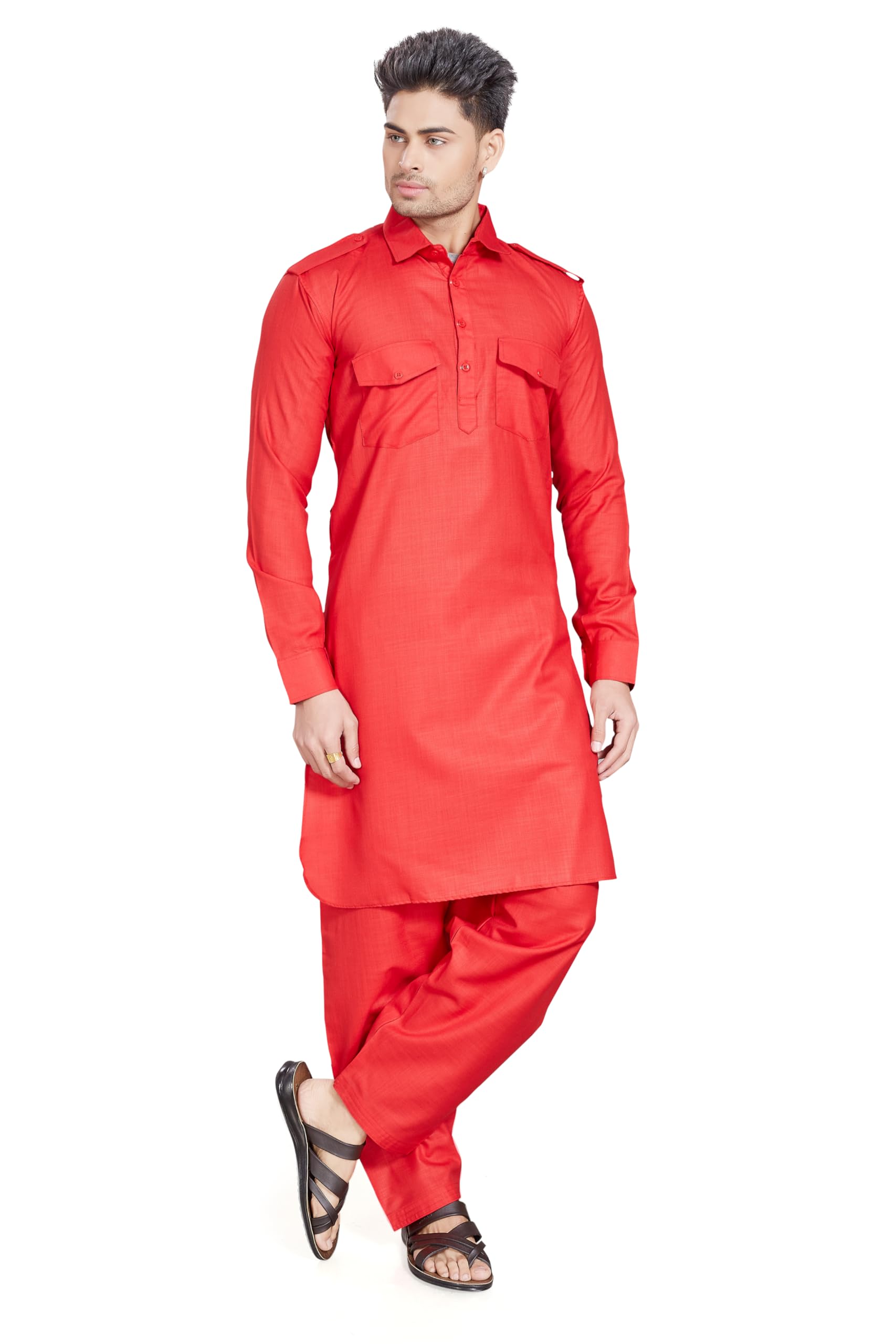 Divisive Men's Cotton Blend Pathani Kurta Pyjama Set (Dkrt456_Xxxl_Red)