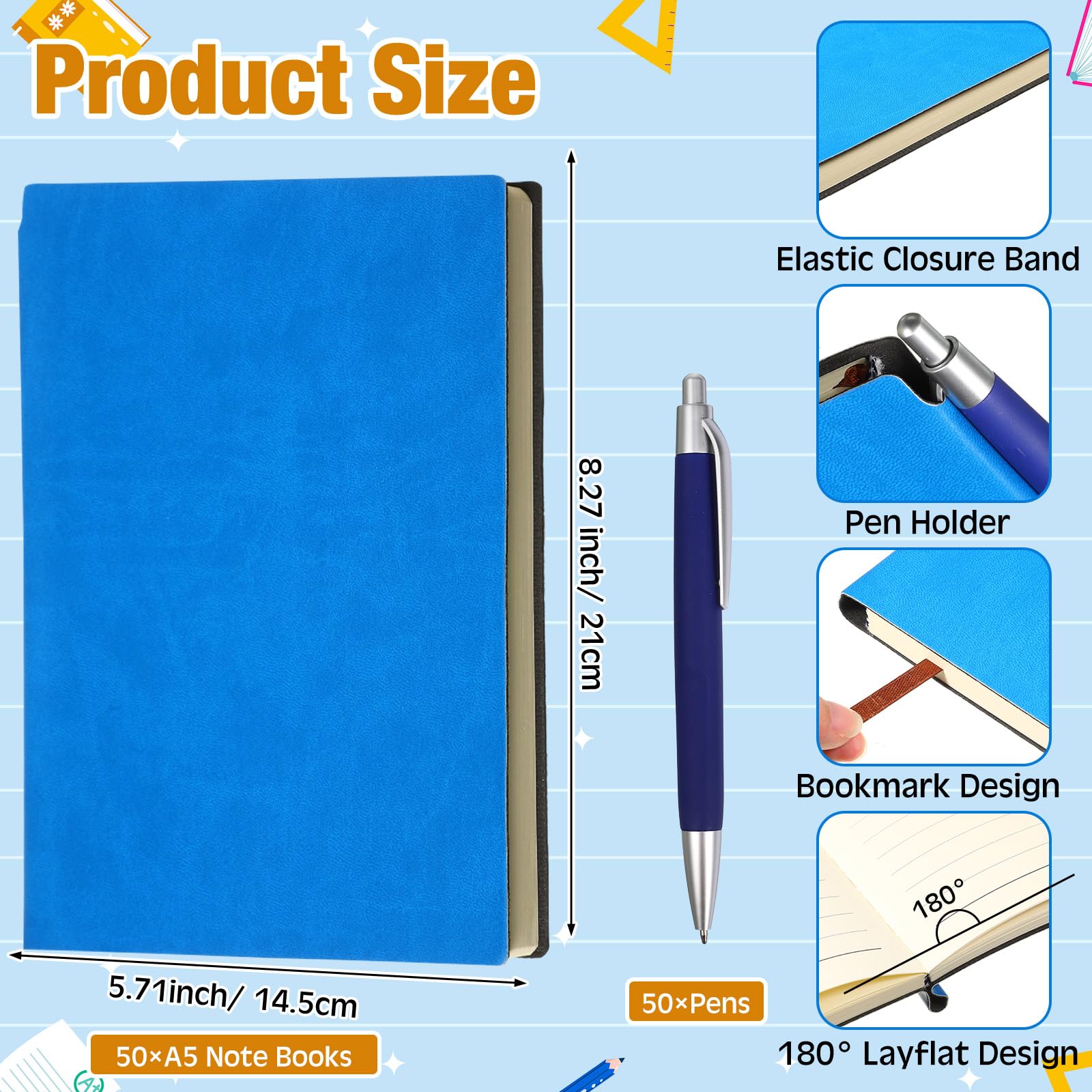 Kolldenn Paquete de 50 cuadernos a granel con 50 bolígrafos A5 de tapa blanda, impermeables, cuadernos escolares de cuero rayados con bolígrafo para la escuela, negocios, trabajo, 200 páginas, 5.7 x