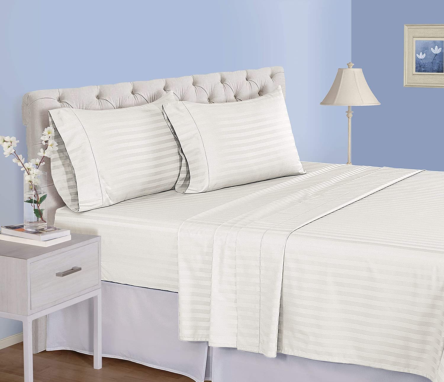 LUXURIOUS BEDDING 800-Thread-Count Egyptian Cotton Wrinkle Resistant 25" Deep Pocket 4 PC Sheet Set (1 Fitted + 1 Flat + 2 Pillow Cases) Single Size Ivory Striped
