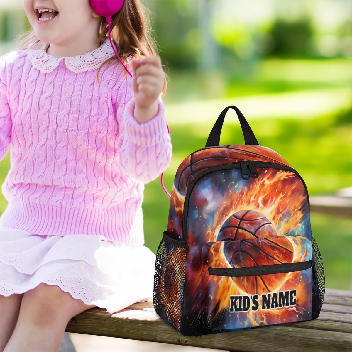 cfpolar Personalized Kids Backpacks for Boys Girls 12 In, Custom Name Mini Toddle Backpack, Waterproof School Bookbags Casual Daypack Bag for Preschool Kindergarten, Space Starry Sky Fire Basketball