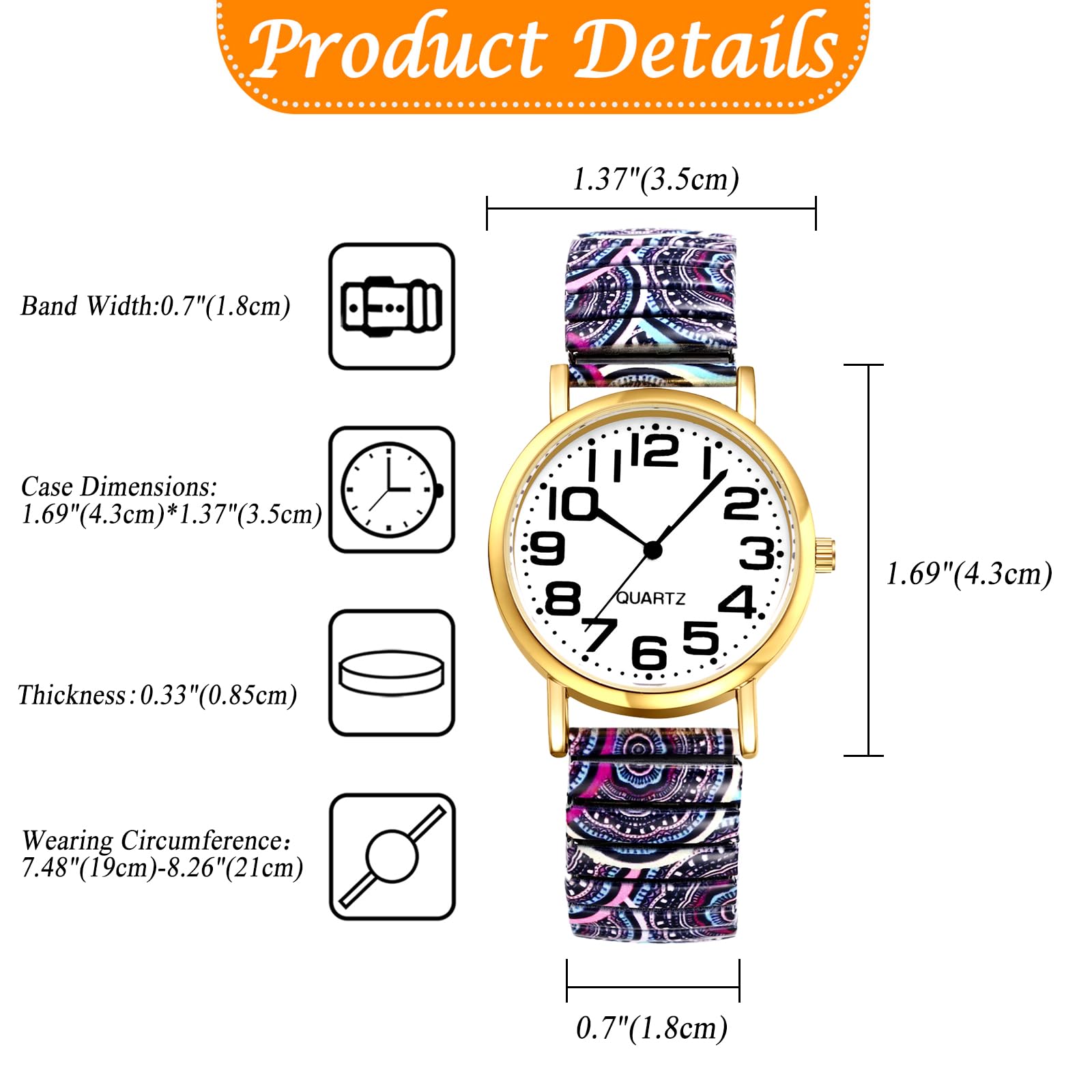 JewelryWe Zegarek damski w stylu boho elastyczny zegarek: 6 sztuk w stylu boho, kolorowe wzory, analogowy, kwarcowy, zegarek na rękę, stal nierdzewna, rozciągliwa bransoletka dla seniorów, zegarek z