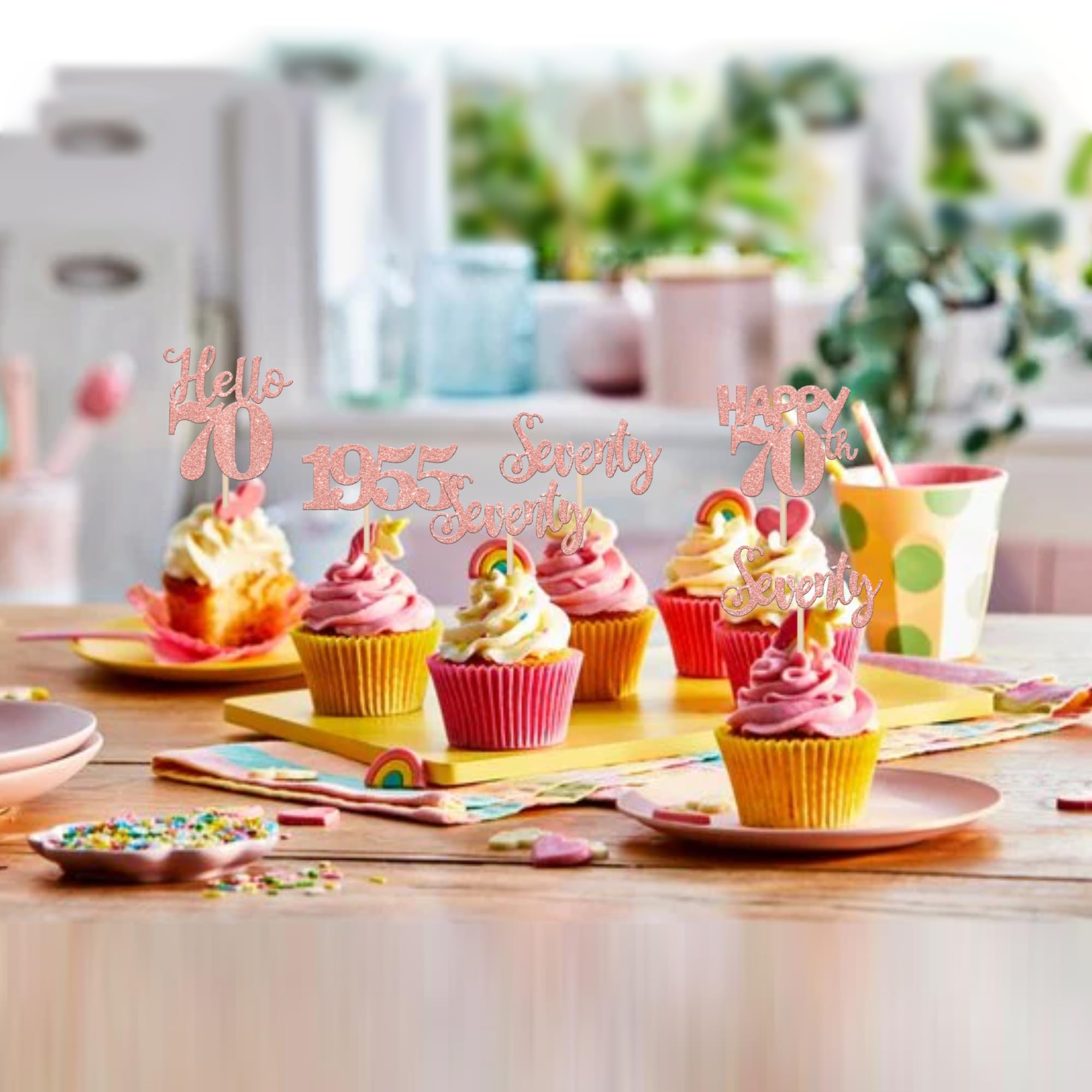 24-Piece 70th Birthday Cupcake Toppers - Glitter 'Hello 70', 'Seventy Since 1954' Decorations (Gold)