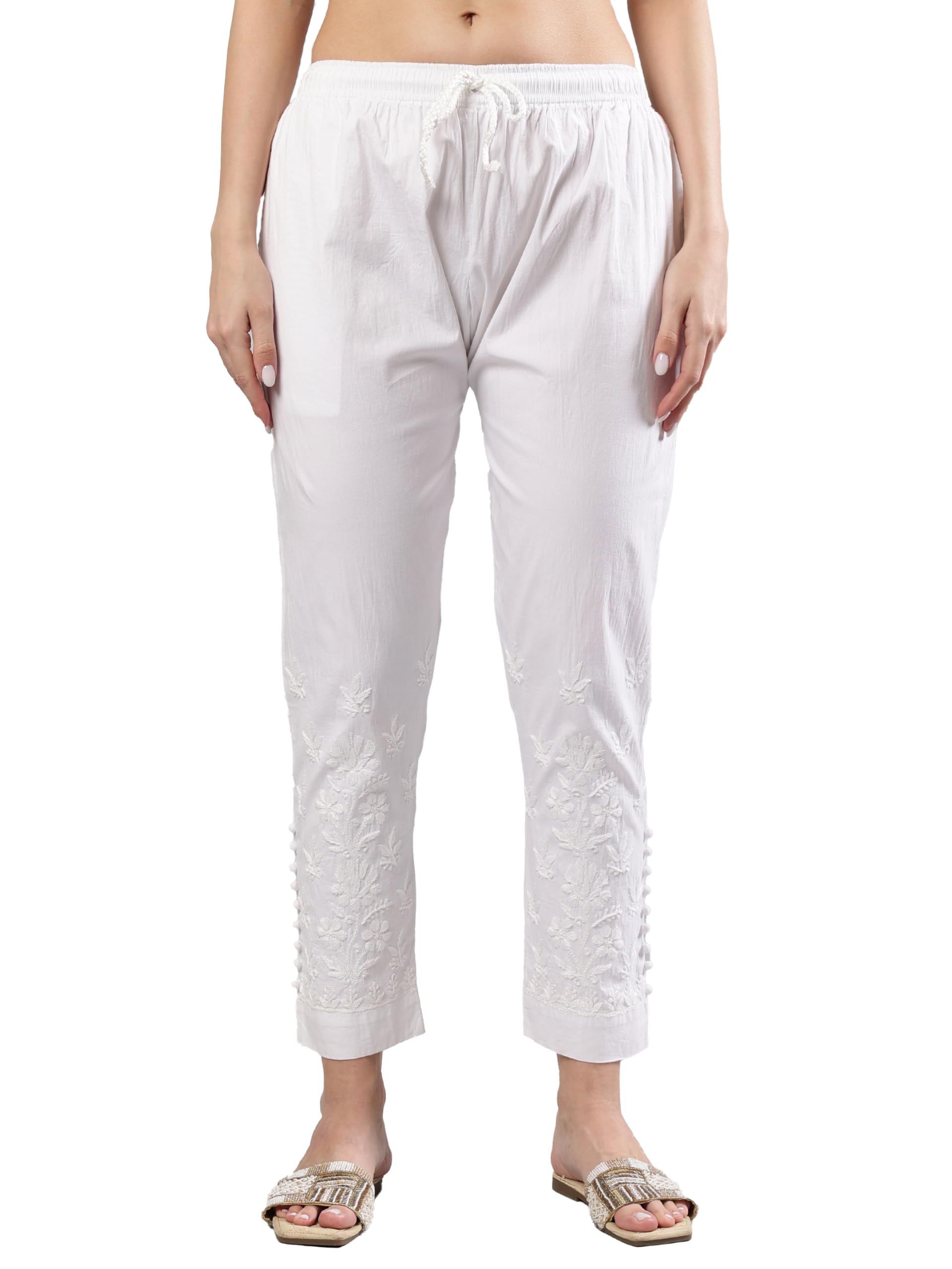 Hand Embroidered Lucknowi Chikankari White Cotton Pant for Women SCL11039-image-21