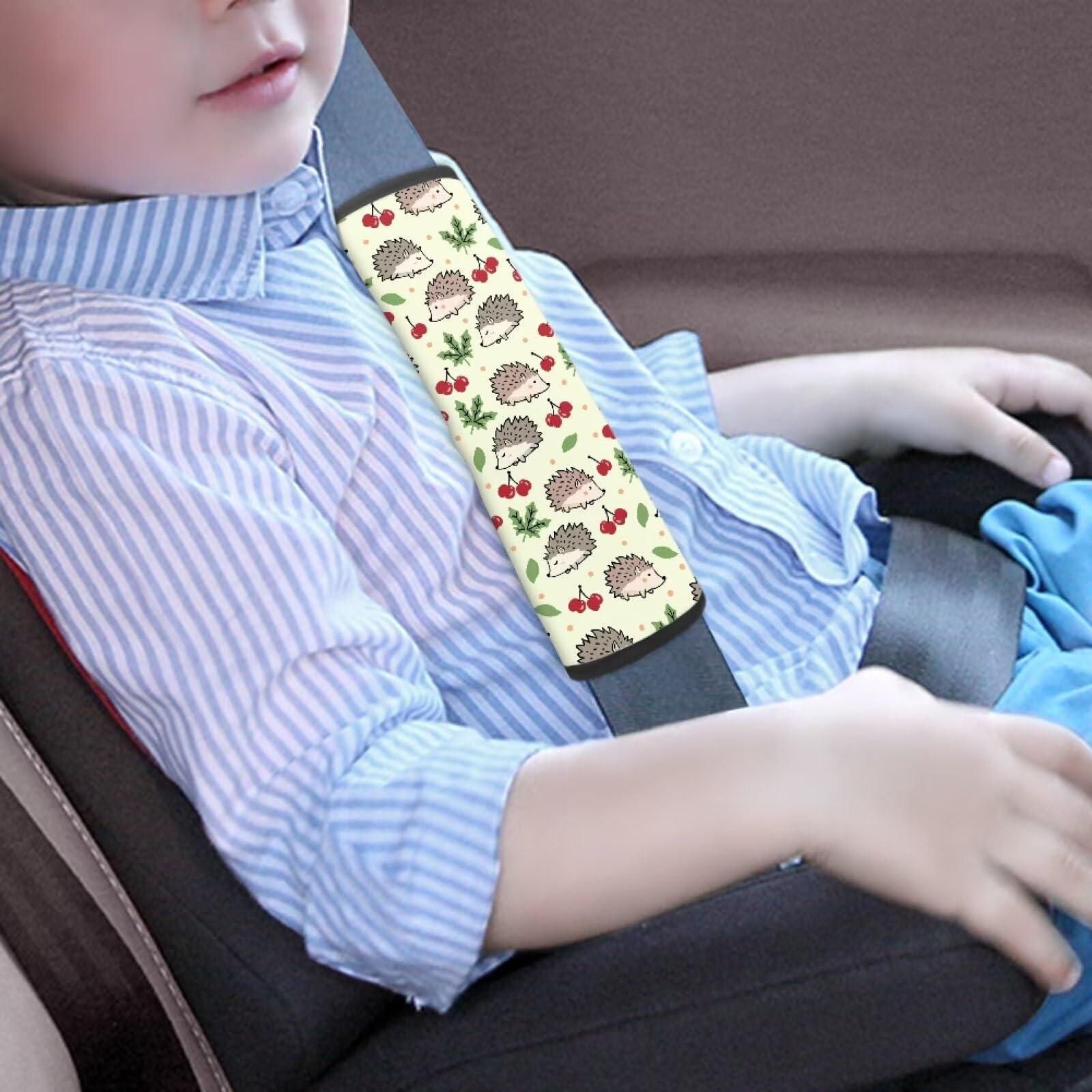 Biyejit Hedgehog Cherry Print Car Seat Strap Covers for Baby Kids, Anti-Slip Seat Belt Covers Strap Pads Cushion for Boy Girl, Protect Neck and Shoulder for Stroller, 2 Pack