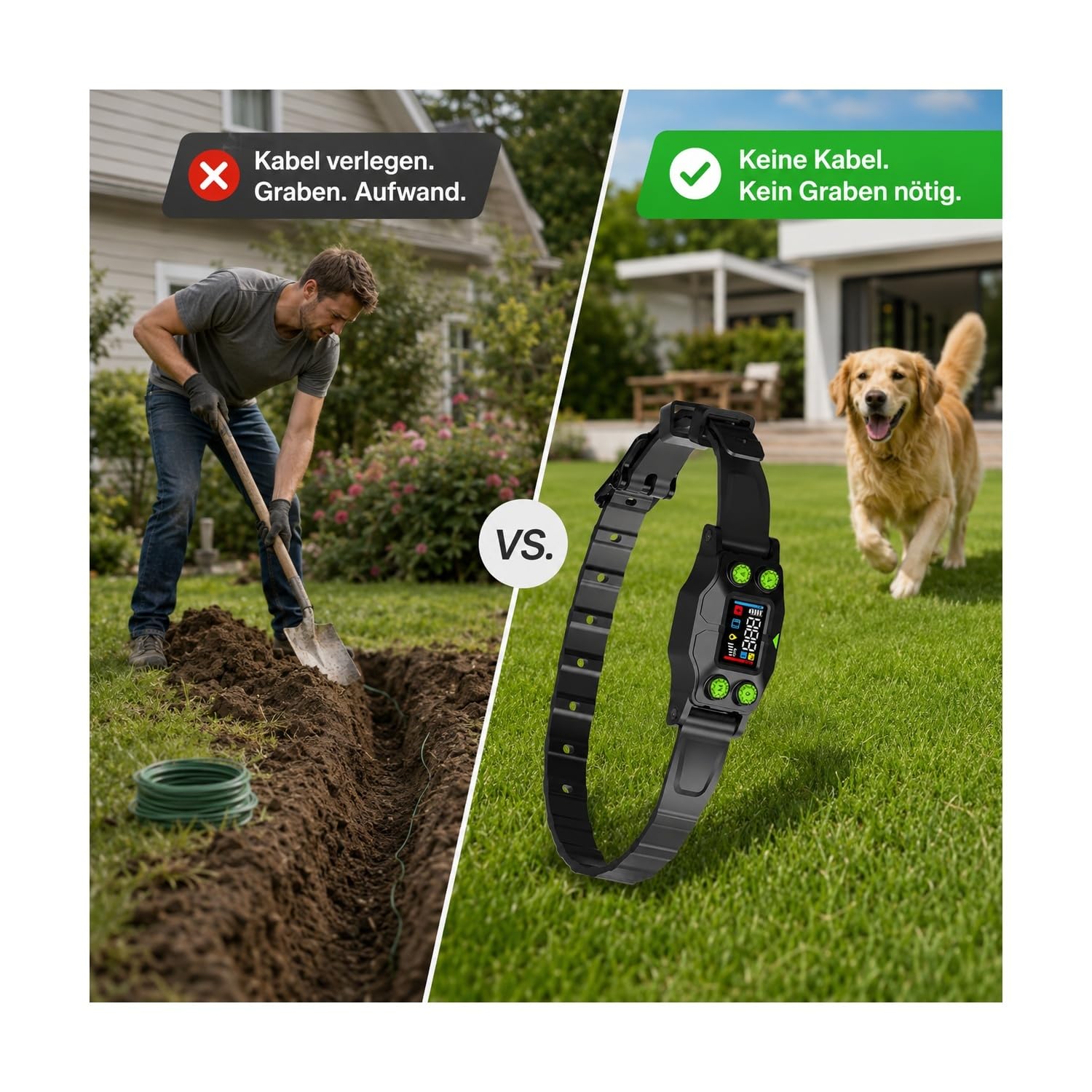 Kabelloses Hundezaunsystem mit GPS – Elektronischer unsichtbarer Hundezaun ohne Kabel, wasserdichtes verstellbares Halsband, Bildschirm, Begrenzungsflaggen und Trainingsanleitung
