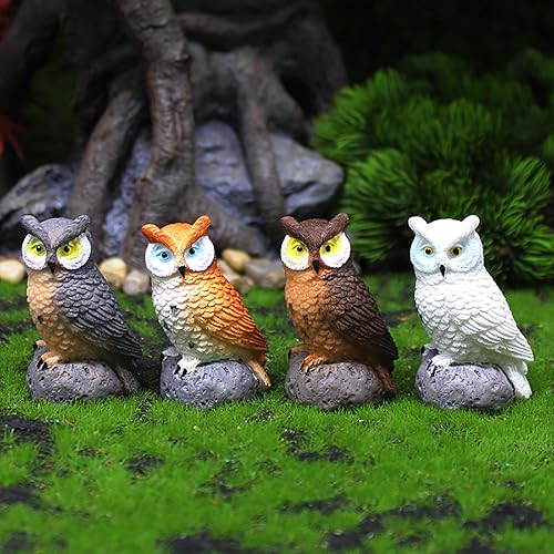 Mini estatua de búho, 4 piezas, espantapájaros, búho falso, escultura de señuelo de hadas, accesorios de jardín, suministros de micro paisaje,