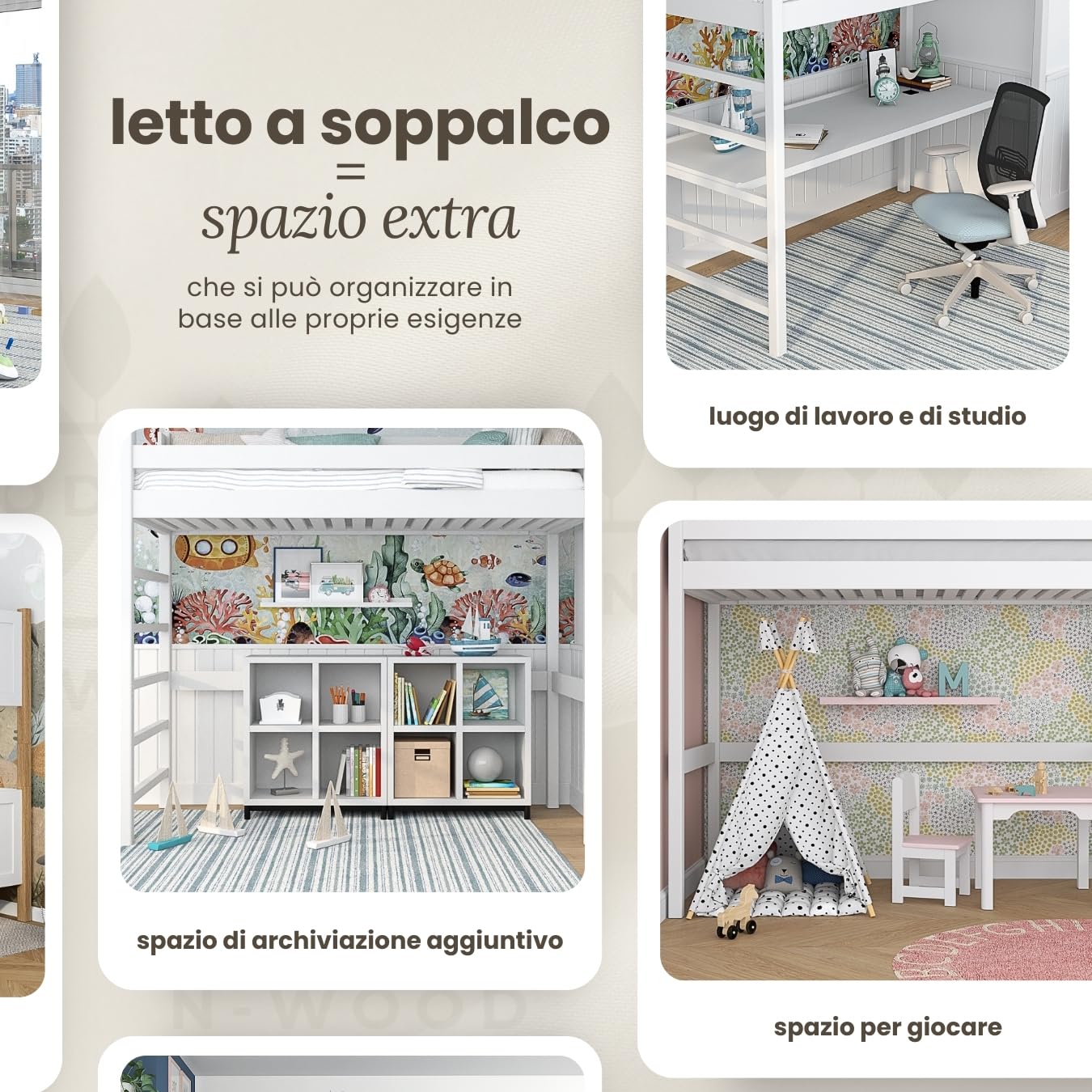 N01 Letto a Soppalco 90x180 cm, 100% Legno massello, Lettino per bambini e adulti, Scala universale: destra o sinistra, Struttura inclusa, Nessuna vite sporgente, Bianco