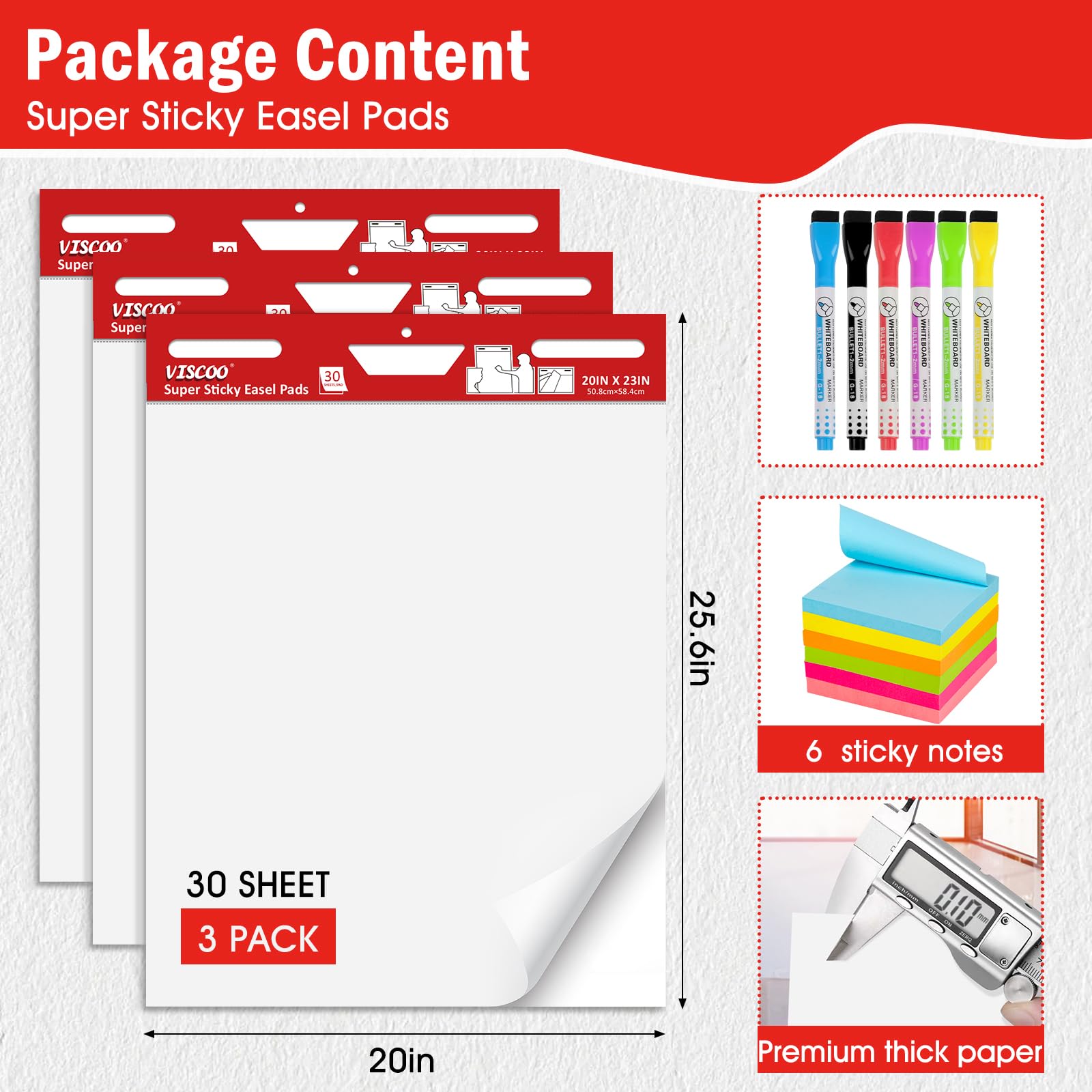 VISCOO Klebriges Staffelei-Block, 50,8 x 58,9 cm, großes Kartenpapier für Lehrer, 3 Blöcke, selbstklebendes Staffeleipapier für Whiteboard, weißes Haftanker-Diagrammpapier, mit Haftnotizen und Markern