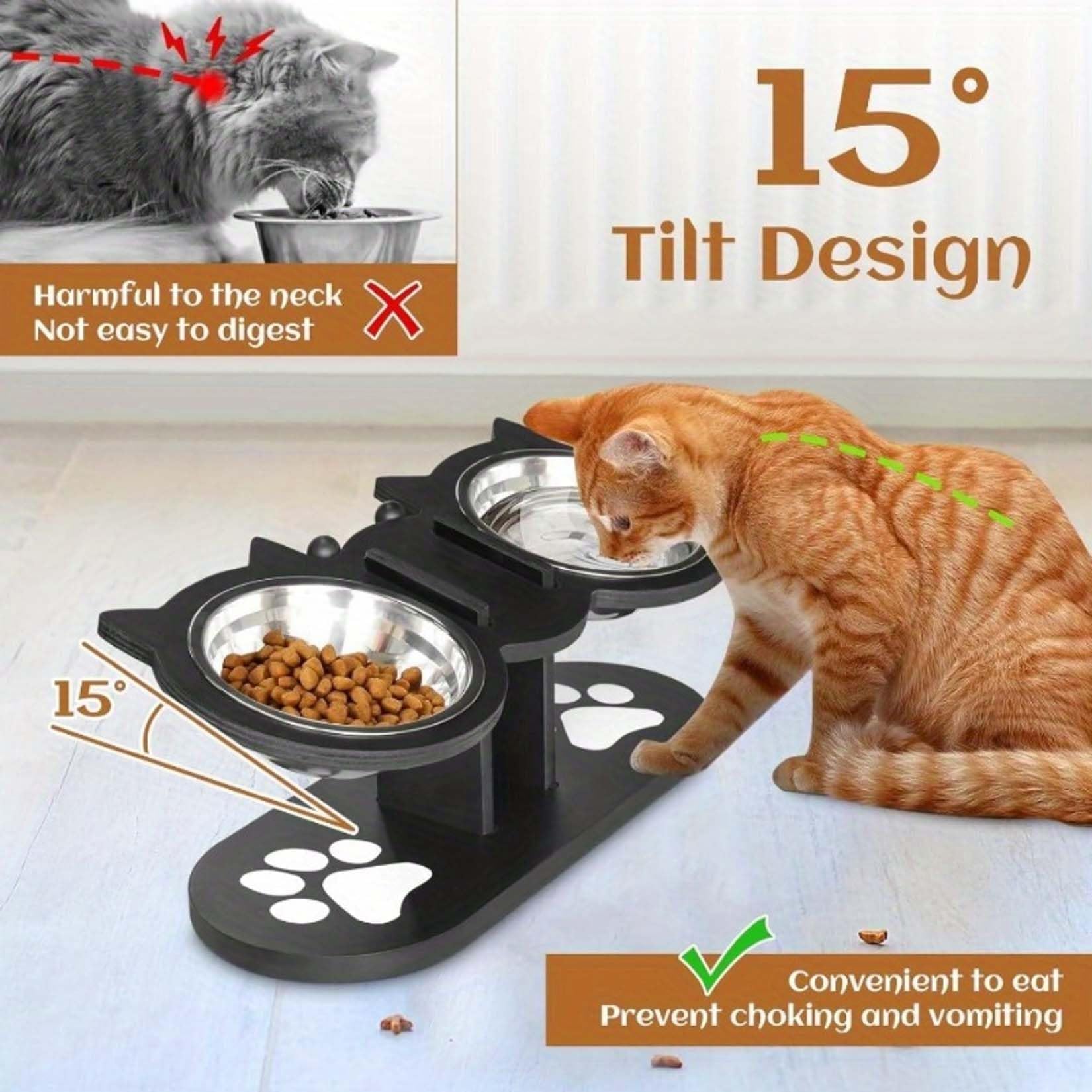 Rutschfester erhöhter Futternapf für Haustiere mit 3 Näpfen, Katzenfutterstation mit 3 Edelstahlnäpfen, 15° geneigte verstellbare Höhe Katzenfutter und Wassernapf mit Ablage, für alle Futternäpfe