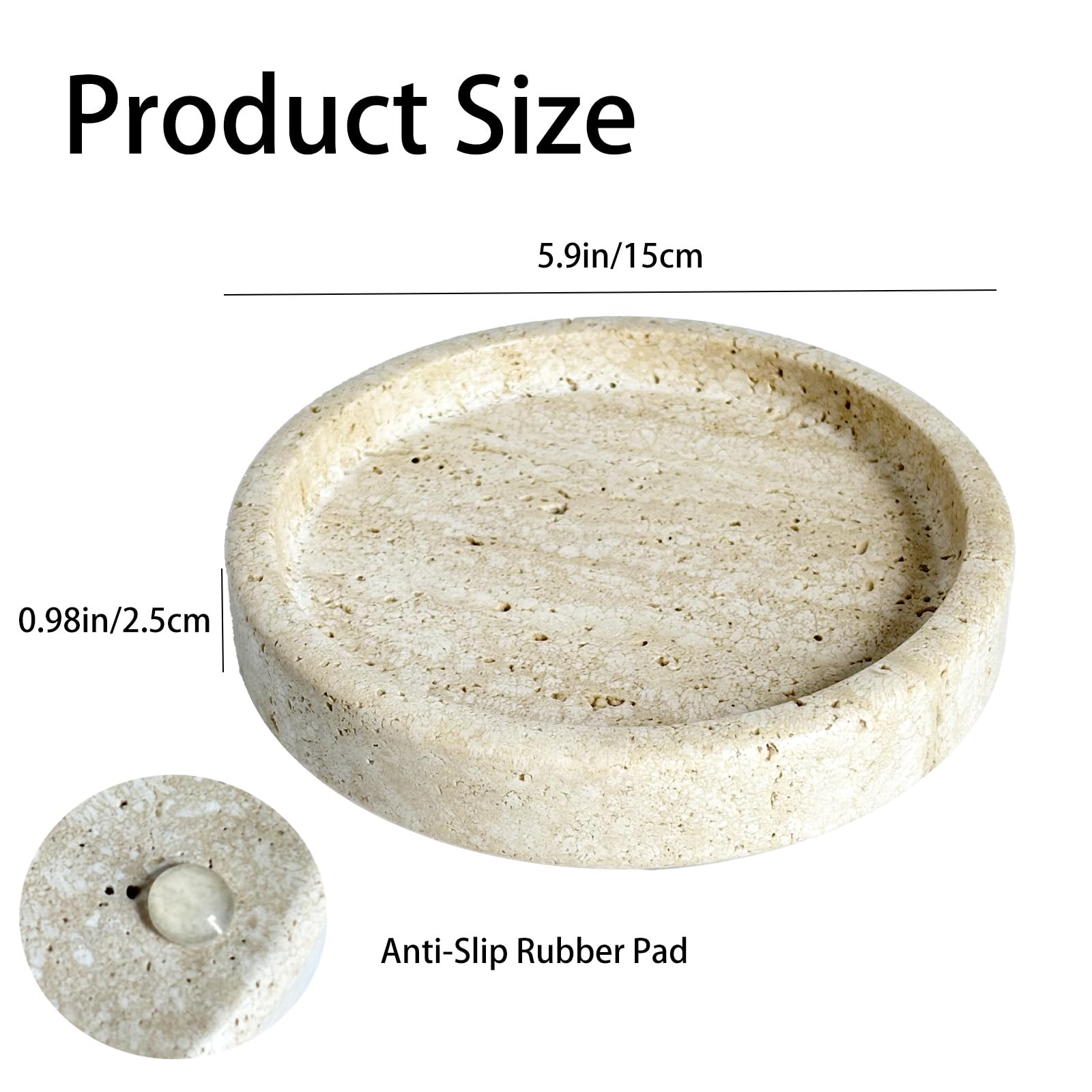 PINXIHAY Natural Travertine Jewelry Ring Dish Tray for Women, 5.9 Inch Round Ring Dish, Marble Tray, Ring Holder, Table Decor, Dresser Organizer for Nightstand, Bathroom, Kitchen