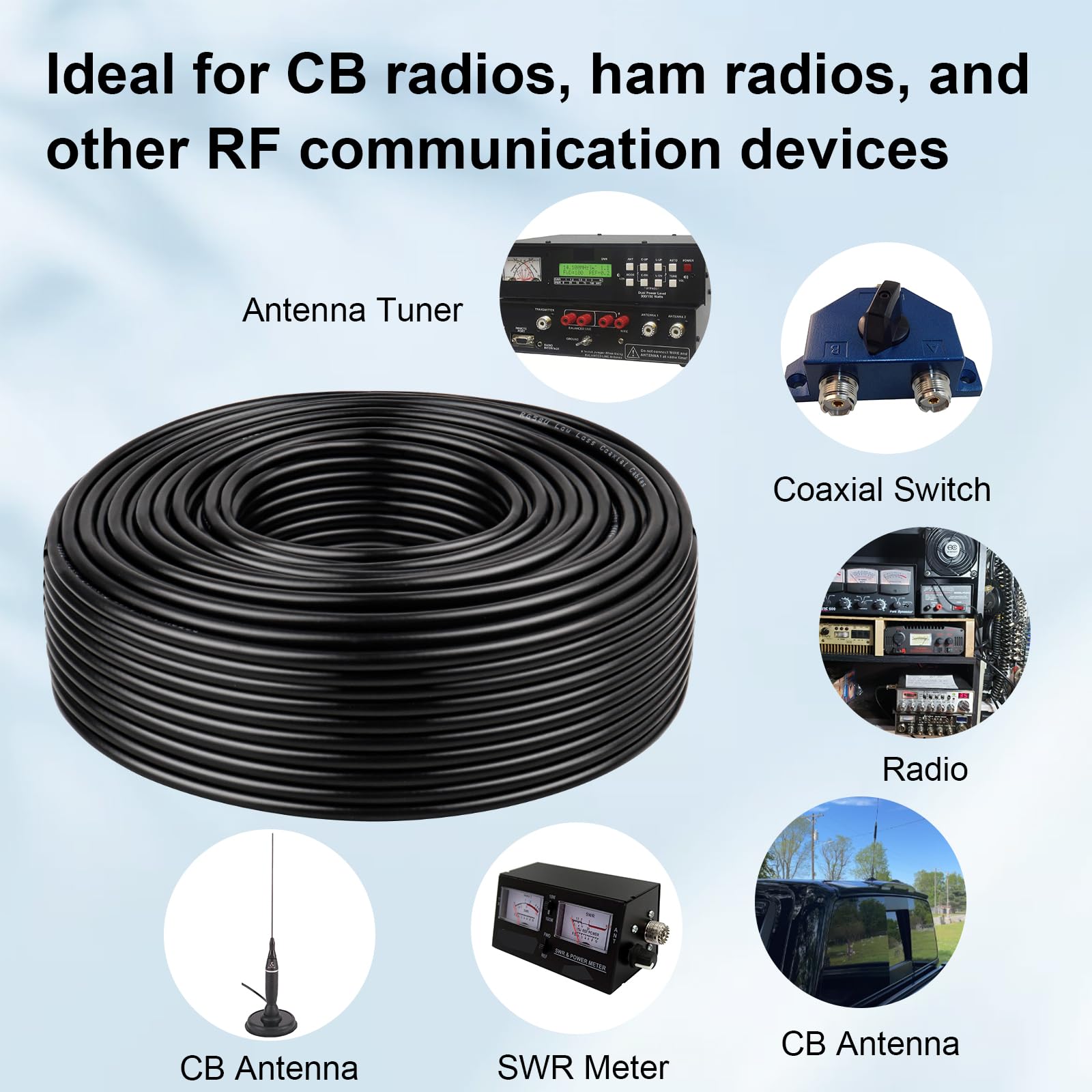 Cavo coassiale RG58 - Cavo schermato da 50 Ohm per comunicazioni RF, radio prosciutto e antenne, 60 m