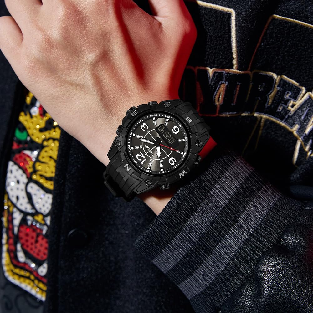 FANMIS Orologio sportivo da uomo, analogico, digitale, resistente all'acqua fino a 5 atm, per escursionismo, militare, tattico, doppio fuso orario, retroilluminazione a LED, multifunzione, sveglia