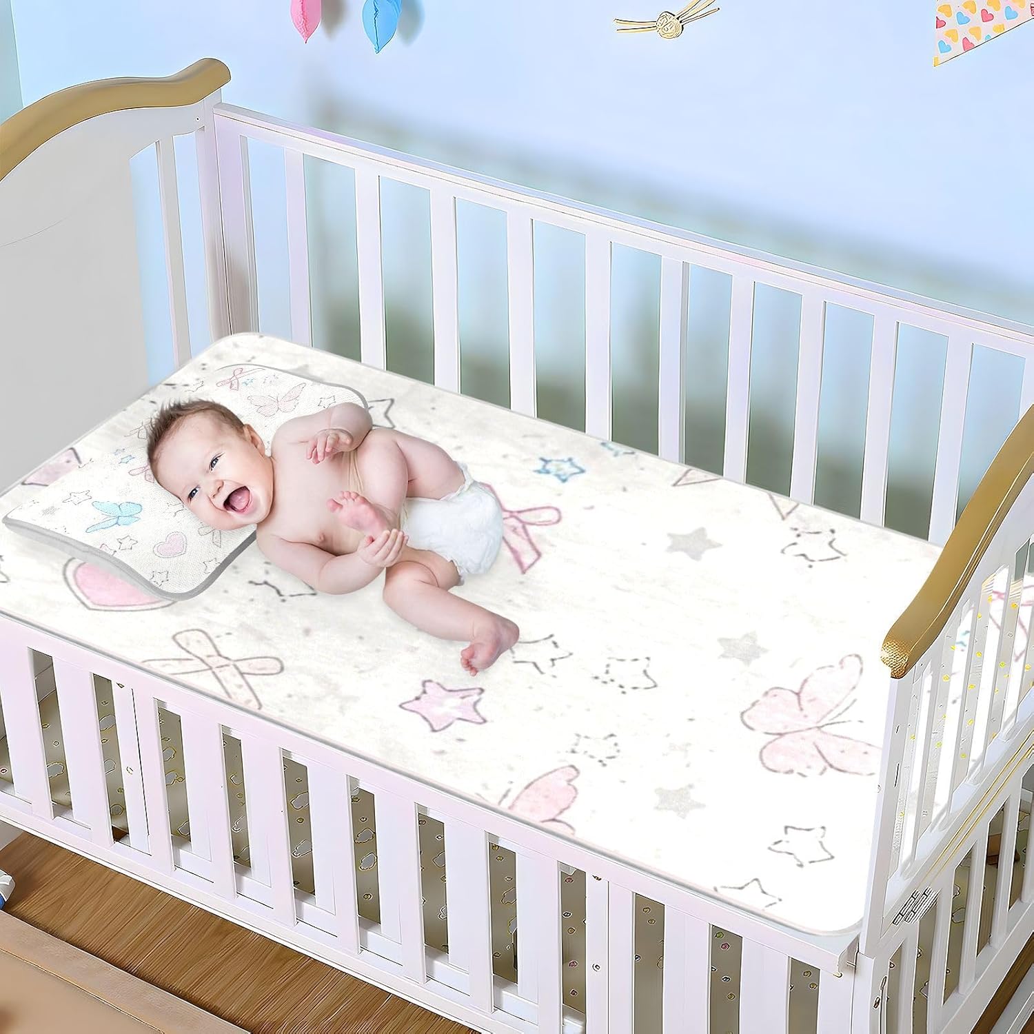 Cuturquoise Butterfly Bow Cooling Baby Mattress pad 28" x 52" Ultra Soft Pads for Bed for Baby&Toddler