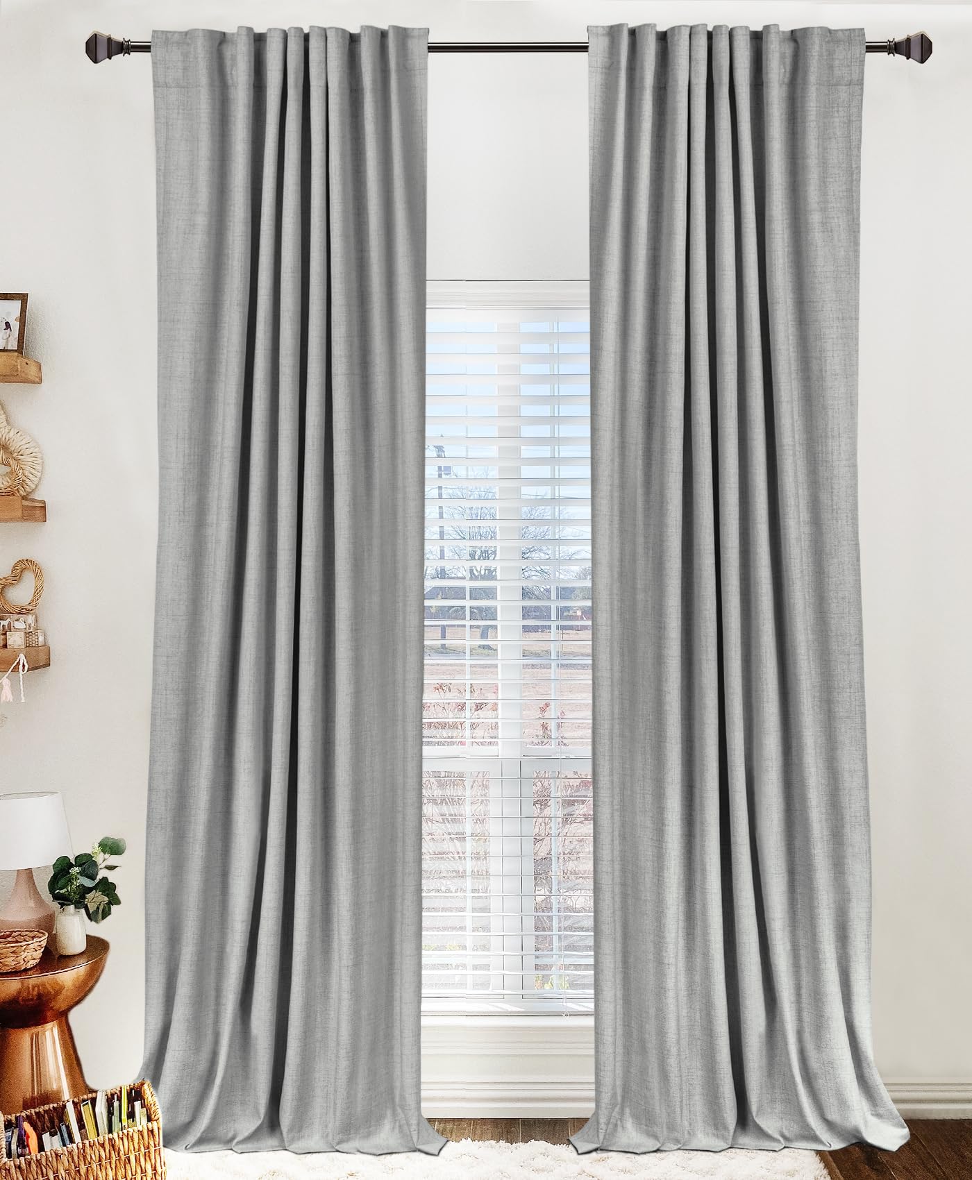 Linen Textured Total Blackout Curtains for Bedroom 90 Inches Long, Grey | 100% Blackout Shield, Back Tab/Rod Pocket Living Room Drapes, Thermal Insulated Blackout Curtains 2 Panels Set, 50"W x 90"L