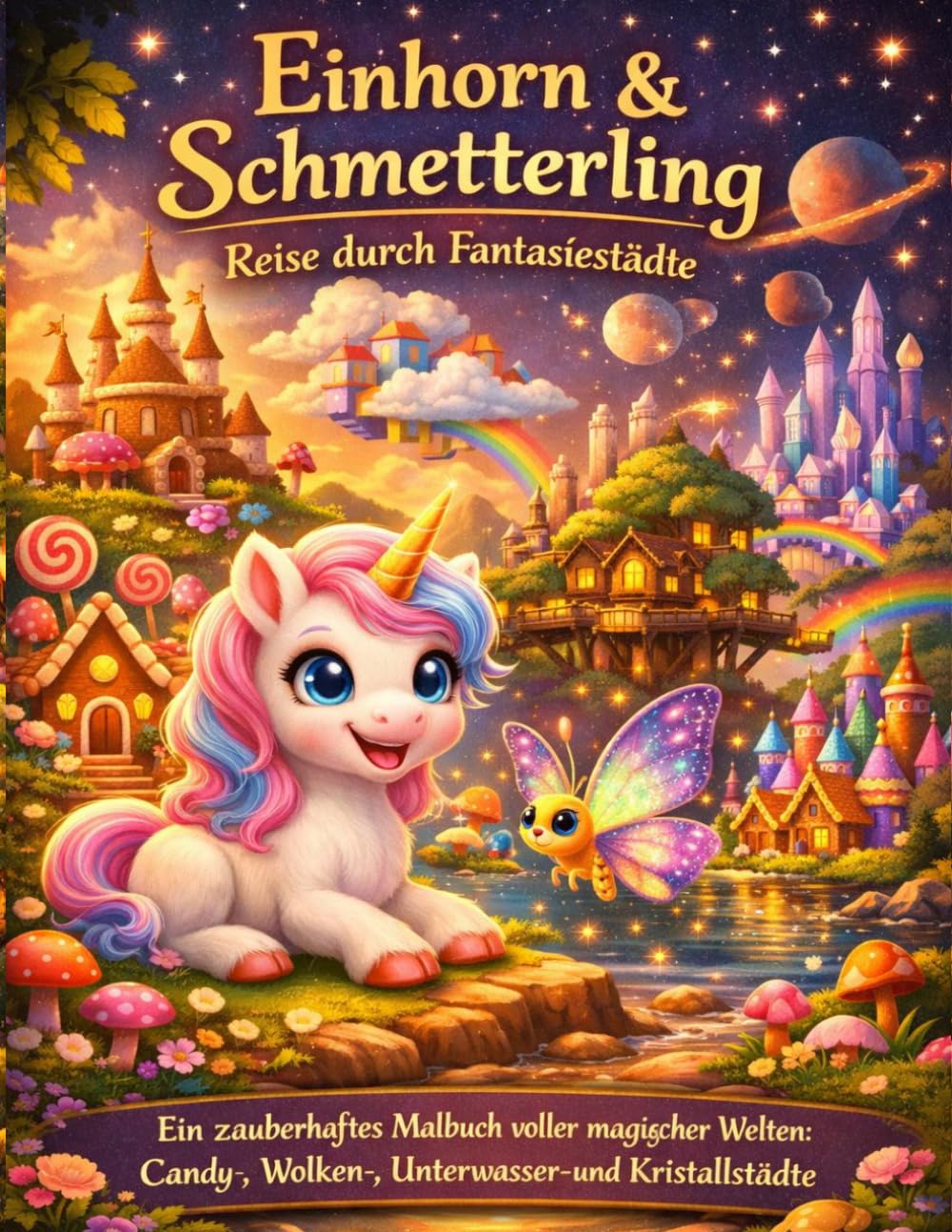 Einhorn & Schmetterling – Reise durch Fantasiestädte: Ein zauberhaftes Malbuch voller magischer Welten: Candy-, Wolken-, Unterwasser- und Kristallstädte (Einhorn und Schmetterling auf Mission)