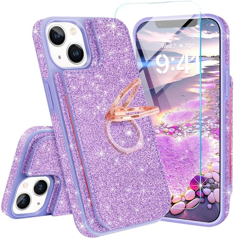 Fingic Funda para iPhone 14, iPhone 13 con soporte de anillo de 360, con 1 protector de pantalla, 5 tarjeteros, con purpurina brillante y bloqueo