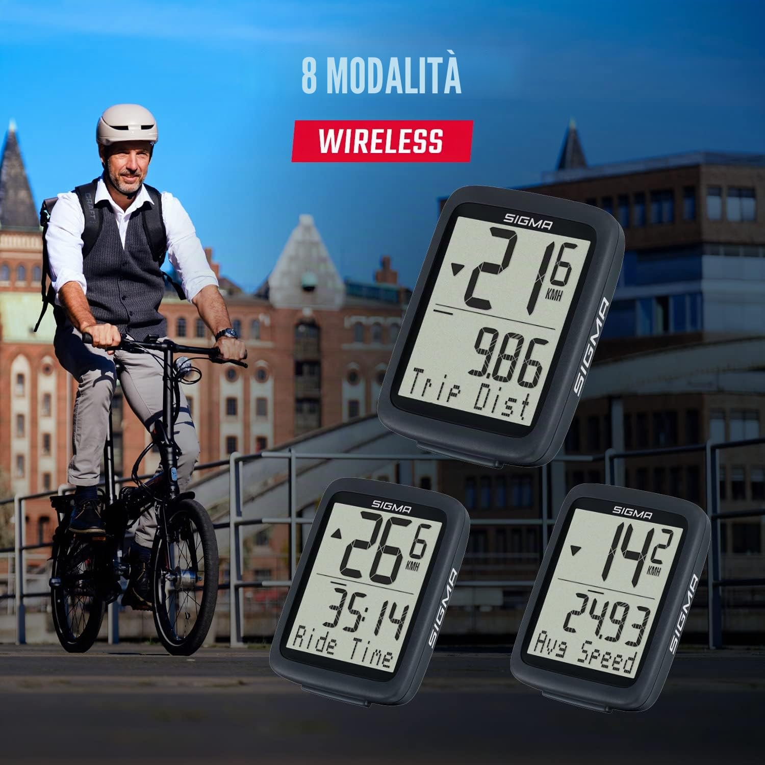 SIGMA BC 8.0 WL | ciclocomputer wireless con 8 funzioni come il confronto della velocità | tasti grandi, display chiaro | ciclocomputer wireless impermeabile