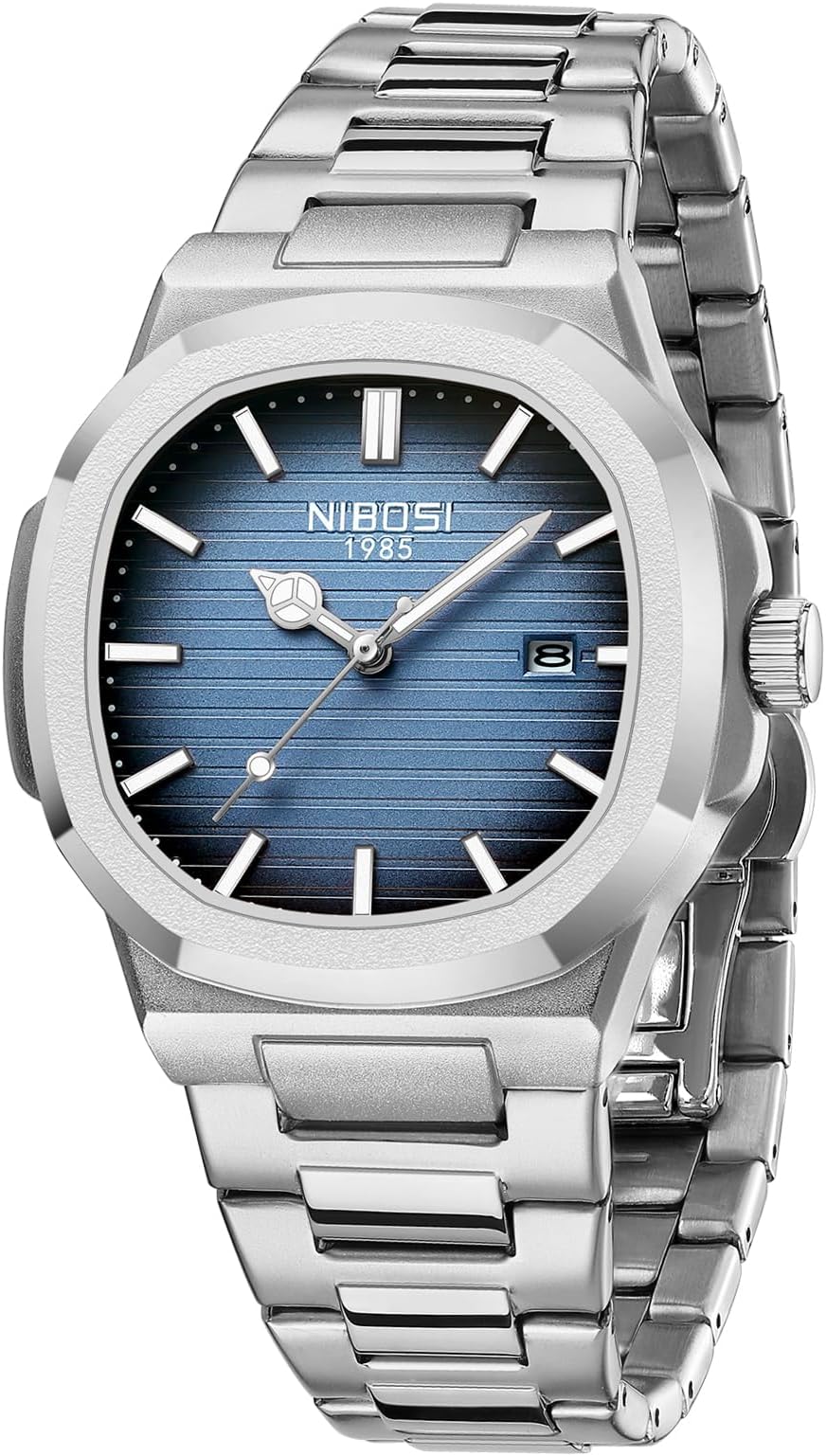 NIBOSI Men's Analog Watch, Gold Silver Stainless Steel Strap, Date Display