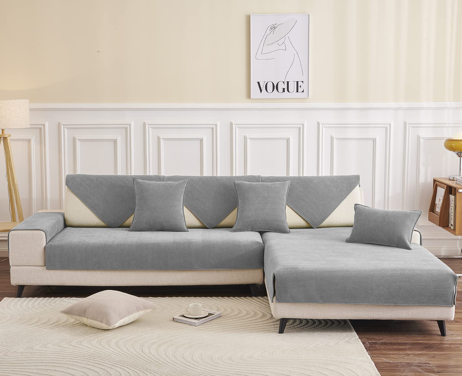 Taiyang Funda para Sofà Chaise Longue,Funda de sofá de Chenilla de espigapara,Niños Perros Gatos Amante de Las Mascotas,Suave al Tacto,con Diseño Antideslizante (90x160cm-Rectangular, Gris)