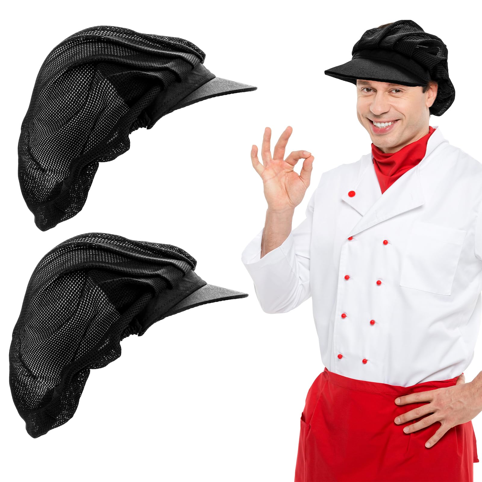 Telooco 2 Pezzi Cappello da Cuoco Regolabile Traspirante Nero con Tesa per Ristorante Chef