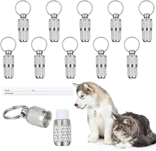 Popuppe 10 Pack Pet ID Tags, Stainless Steel Mini Anti-Lost with Name Tag and Tel Address Label Barrel Tubes Tag for Puppy and Kitten Collar Silver Accessories