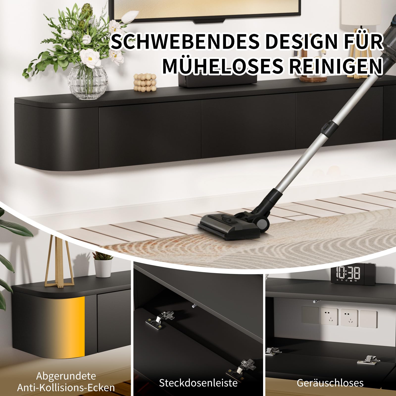 140CM Schwebender TV-Schrank, TV Board Hängend, Fernsehtisch, Lowboard, TV-Mediakonsolle, TV-Regale, Modern mit Großem Stauraum für Wohnzimmer, Unterhaltungsraum, Schlafzimmer (Schwarz)