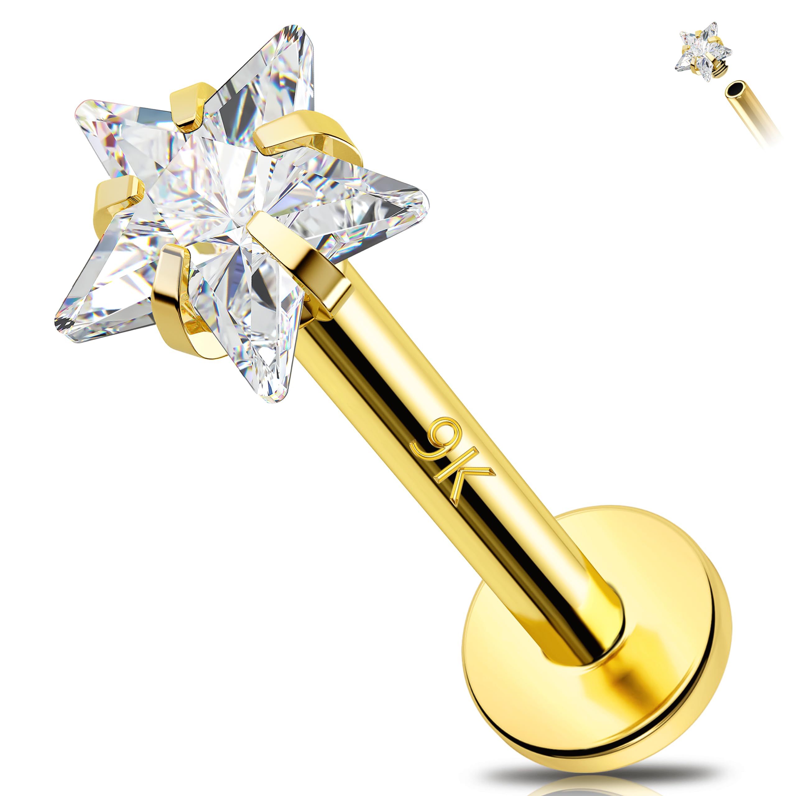 Melighting 14 Karat massives Gold Knorpelohrring Herz Labret Stud CZ flache Rückseite Ohrring Innengewinde Tragus Piercing Schmuck 16G Stern Helix Ohrring
