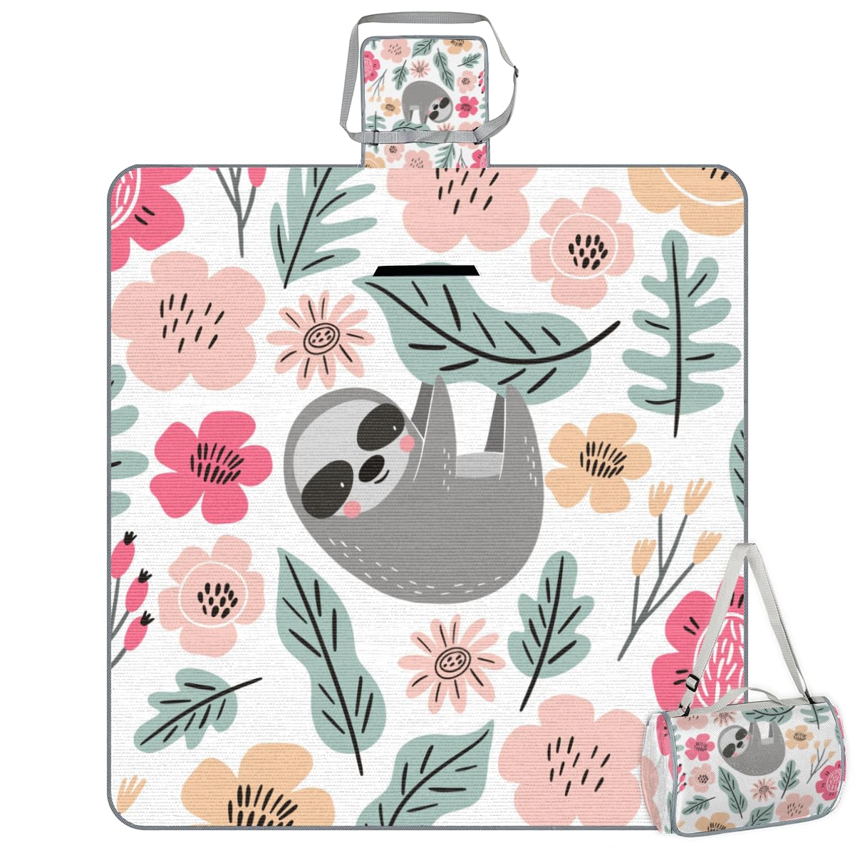 Shimoshe Picnic Blankets 57”x 59”, Leafy Flower Sloth Waterproof Sandproof Picnic Mat Lightweight Foldable Beach Blanket for Camping Park Grass Beach Outdoor Blanket