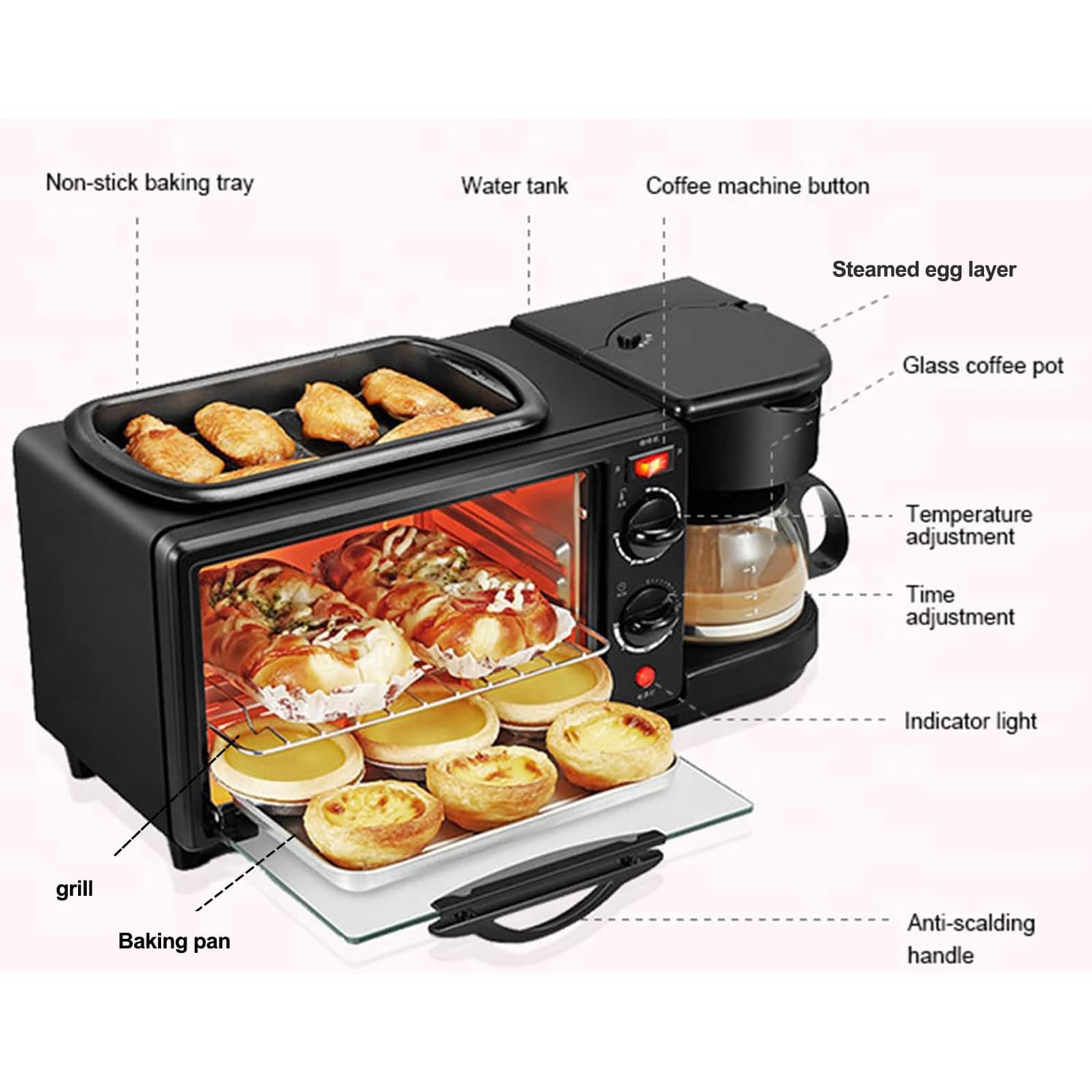 Estación de Desayuno 3 en 1 (9 L), tostadora con sartén, Temporizador de 30 min y Control de Temperatura, cafetera de 600 ml y Olla de 1,2 L, para Apartamentos y cocinas pequeñas, Color Negro