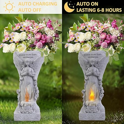 Miniatura 3 de Regalo conmemorativo del cementerio estatua de ángel de jardín con luces solares y jarrones, florero de ángel de oración, estatuas de jardín de