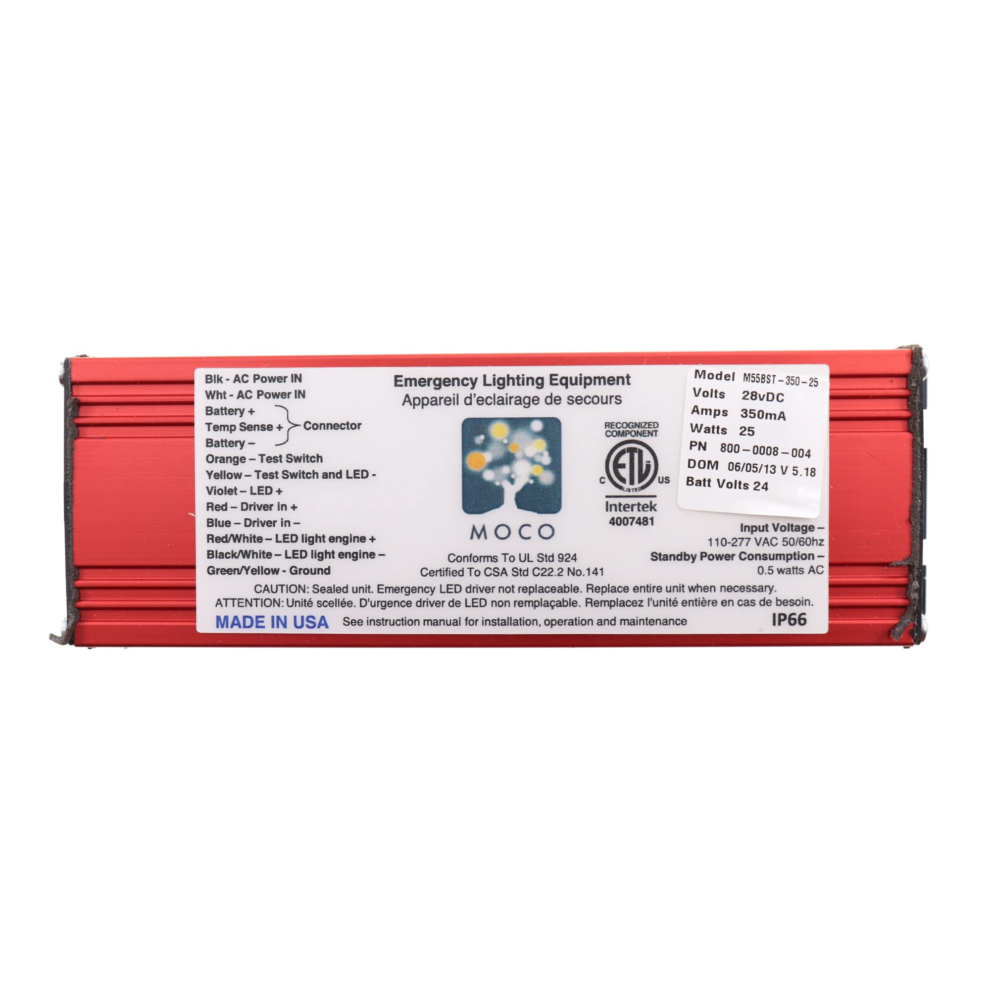 MOCO M55BST-350-25 Emergency Lighting LED Driver, 28Vdc, 350mA, 25W, 110-277VAC