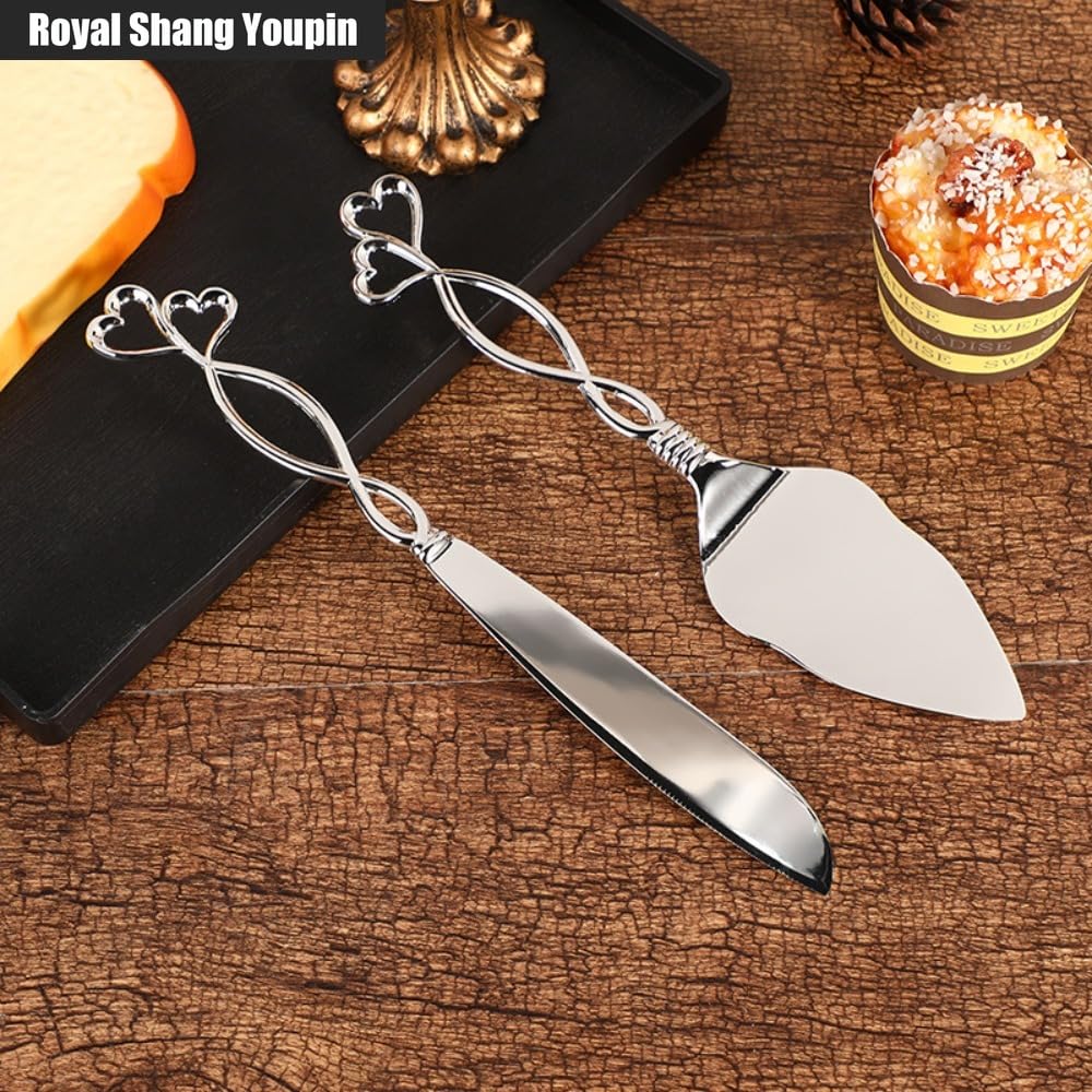 Love Cake Knife and Shovel Server 2 Piece Set for Home Bread and Pizza Cutting Tools Exquisite Plate Alloy Cutting Crafts (Silver)