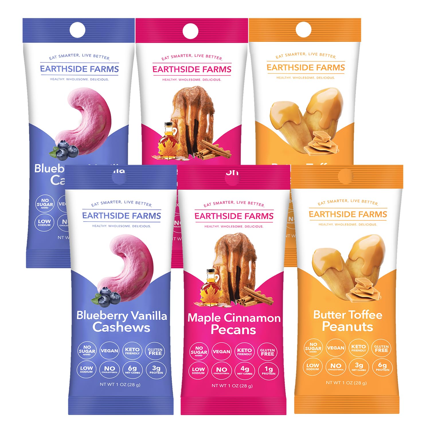 Earthside FarmsHarvest Variety Pack, Individual Packs of Candied Pecans, Flavored Peanuts, and Glazed Almonds, A Keto Friendly, Low Carb, Low Sugar Snack (1 Ounce, Pack of 6)