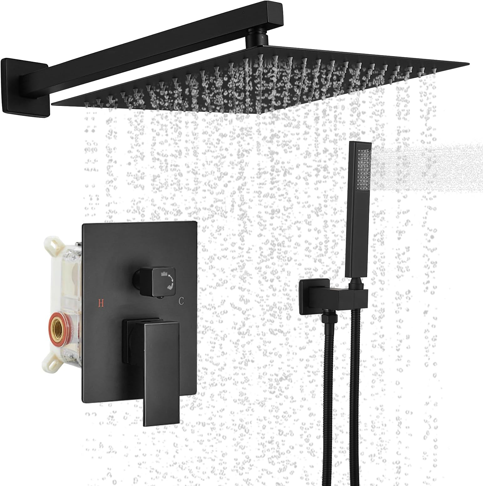 Black Shower Faucet Set, 12 Inch Square Rain Shower Head and Handle Set Bathroom Shower System Sets Complete Combo 2-Functions Pressure Balancing Wall Mount Rainfall Shower Mixer Valve