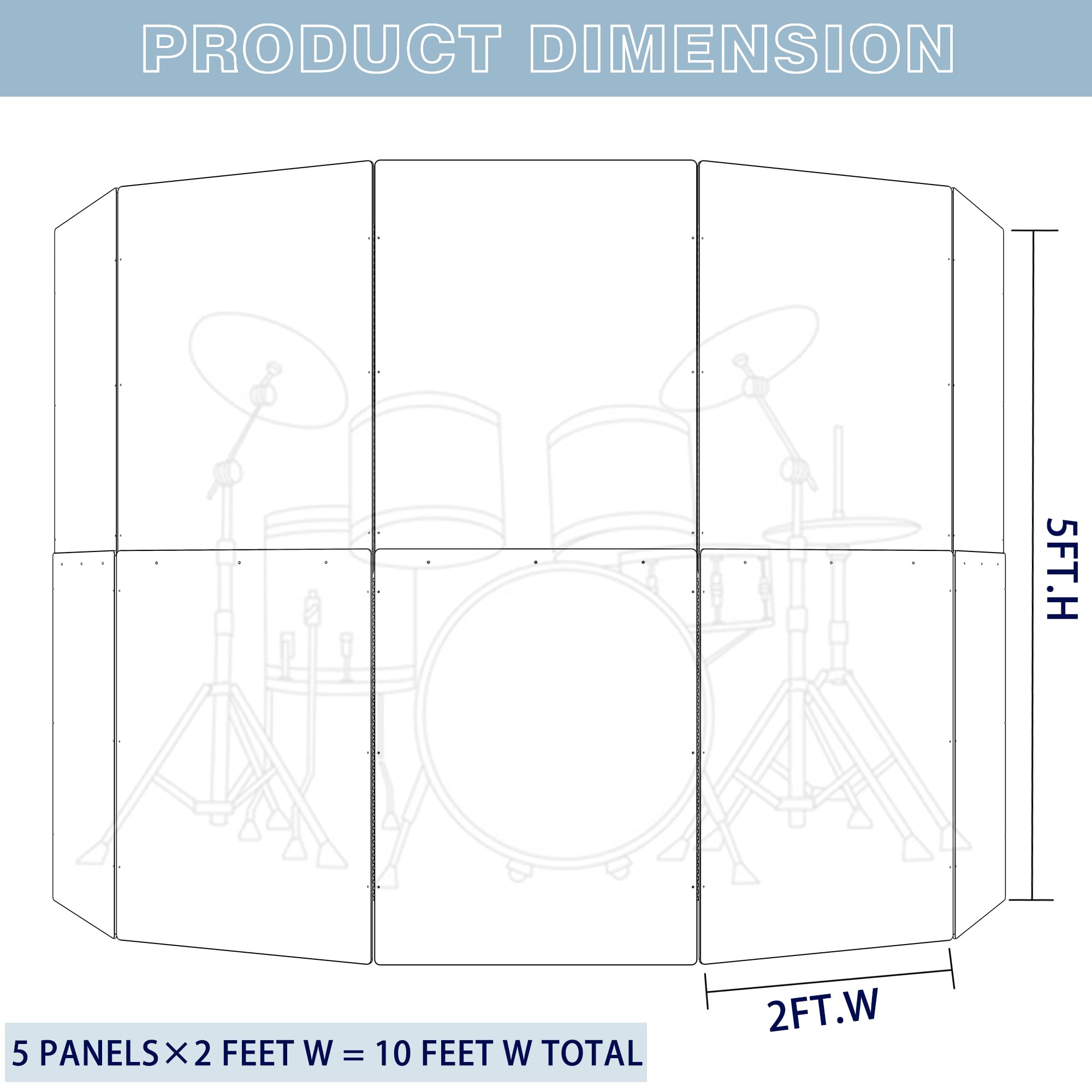 Drum Shield 5-Panels 2ft x 5ft acrylic shield, Portable Design, drum cage with Full Length Stainless Steel Hinges, Sound Screen for Drum Set, Ideal for Out-of-Home Performances and Home Practice