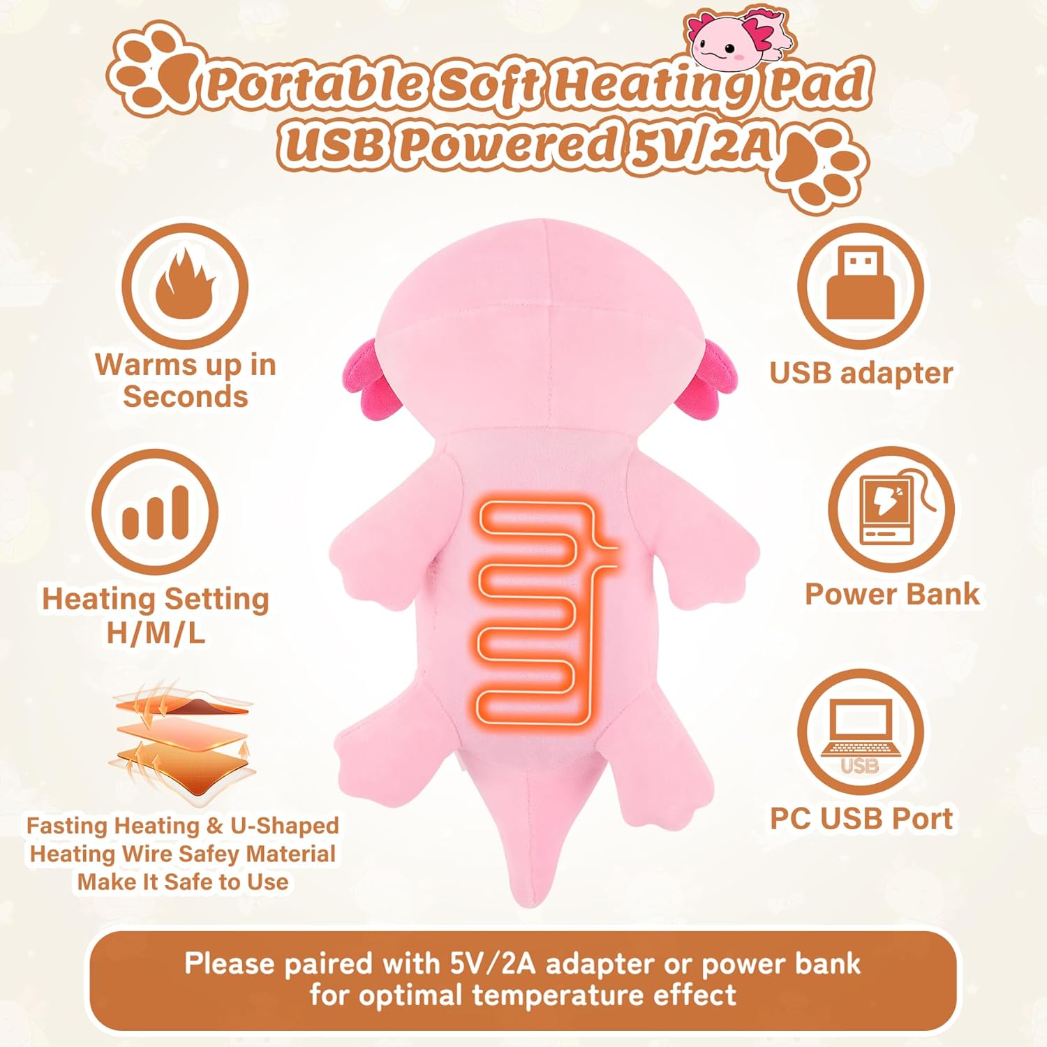 Electric Heating Pad for Period Cramps, 14'' Cuddly Pink Axolotl Plush with a Hot Soft Belly USB Powered, Menstrual Heating Pad Neck Shoulder Pain Relief, Gift for Daughter Wife Period Heating Pad