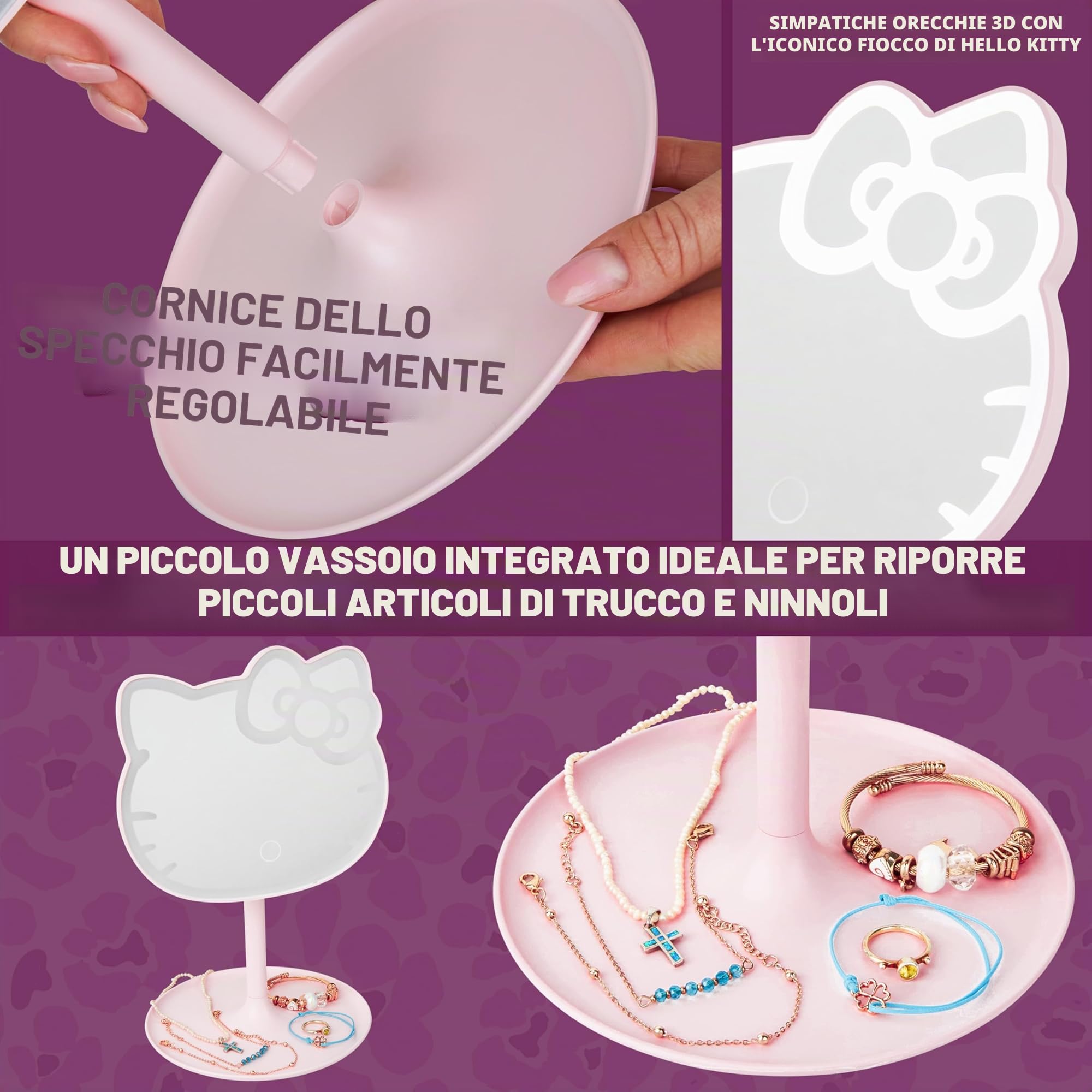 Get Trend Hello Kitty Sanrio Specchio Trucco, Vanità Compatto A Batteria Portatile Specchio da Tavolo con Luci e Piedi per Viaggi e Camera da Letto (Rosa/Hello Kitty)