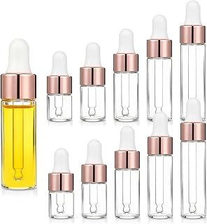 에센셜 오일용 유리 점안기 병 로즈 10팩 | 재사용 가능한 미니 드로퍼 병 빈 여행용 오일 바이알 병, 액체 화장품 용기용 뚜껑 포함 (1ml, 2ml, 3ml, 4ml, 5ml)