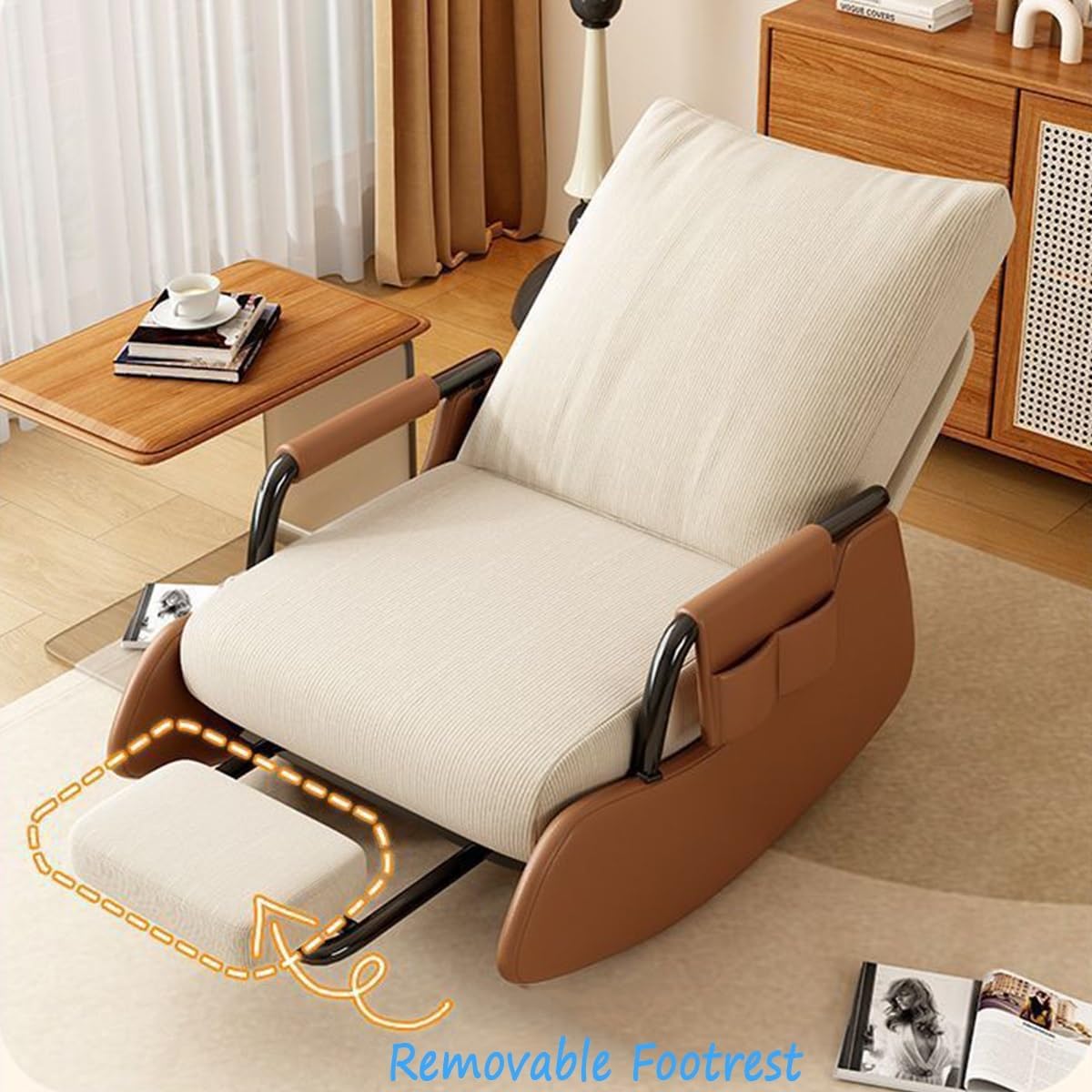 Rocking Recliner Chair for Adults Upholstered Plush Seating Glider Rocker Adjustable Backrest with Backrest Straps and Foot Pedals for Living Room(E)