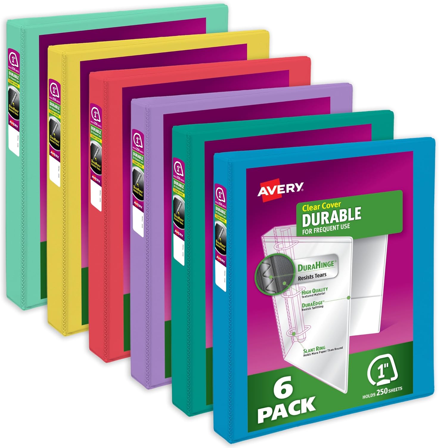 Avery Durable View 3 Ring Binders, 1 Inch Slant Rings, 250-Sheet Capacity, Assorted Bright Colors, 6-Pack (05631) – for School, Office, Teachers, Classrooms & Home Organization