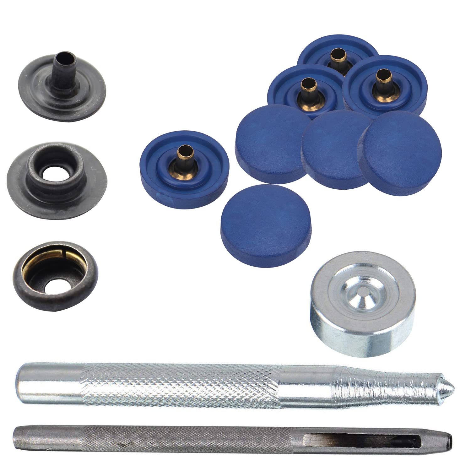 WedDecor Pernos de presión sin costuras, sujetadores duraderos con herramientas de sujeción manual, tapa de plástico con broches traseros de metal para bolsos, jeans, azul marino, 500 piezas