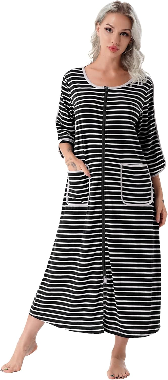inlzdz Womens Casual Loose Striped Zipper Front Long Dress 3/4 Sleeve Lounge Sleep Dress Home