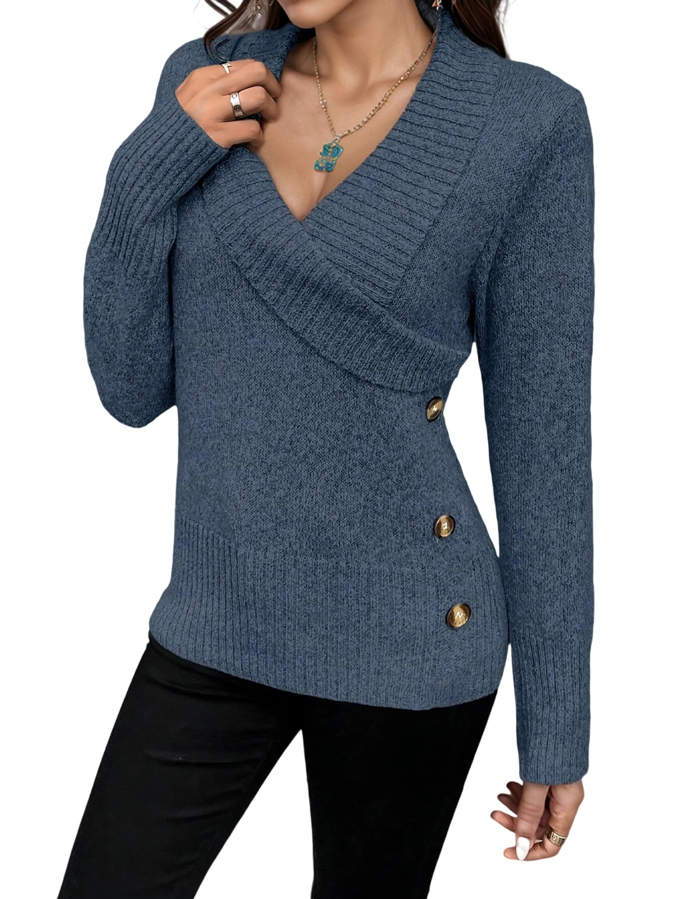 Womens Wrap V Neck Sweaters Slim Fit Long Sleeve Knit Pullover Buttons Business Casual Tops