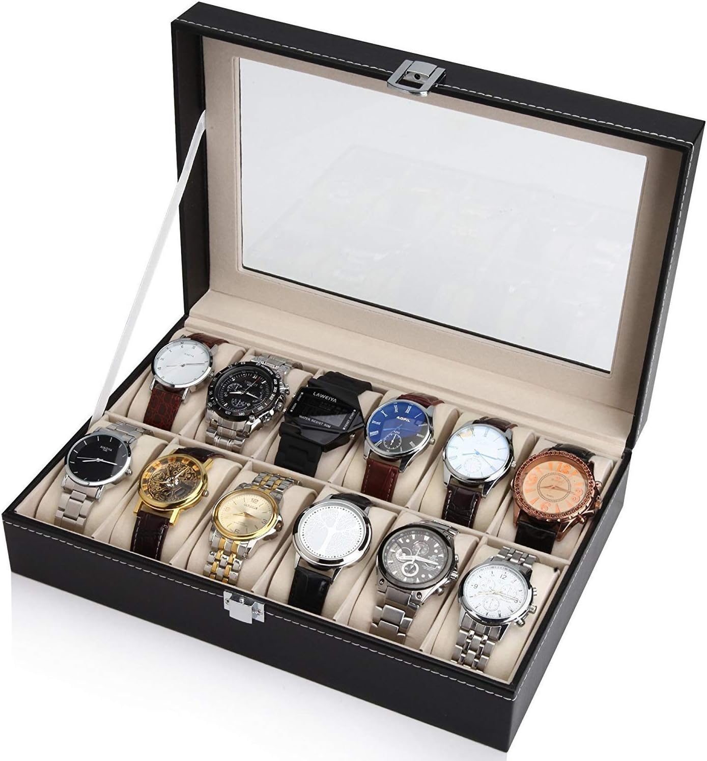 SAPU Black Leather 12 Watch Box Case Organizer Display Storage Tray for Men & Women