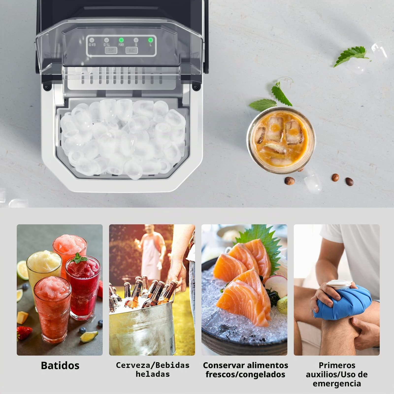 Máquinas para Hacer Hielo Portátil con Mango, Maquina de Hielo para Encimera, Equipado con Hielo Pala de Puede Colocar Boca Abajo, Tamaño S/L 9 Cubitos Hielo/6-10min, 12Kg/24h, Usar en Fiesta/Hogar